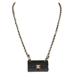 CHANEL Necklace Chain Black Flap Bag Resin Quilted Black Leather Gold HW 2023