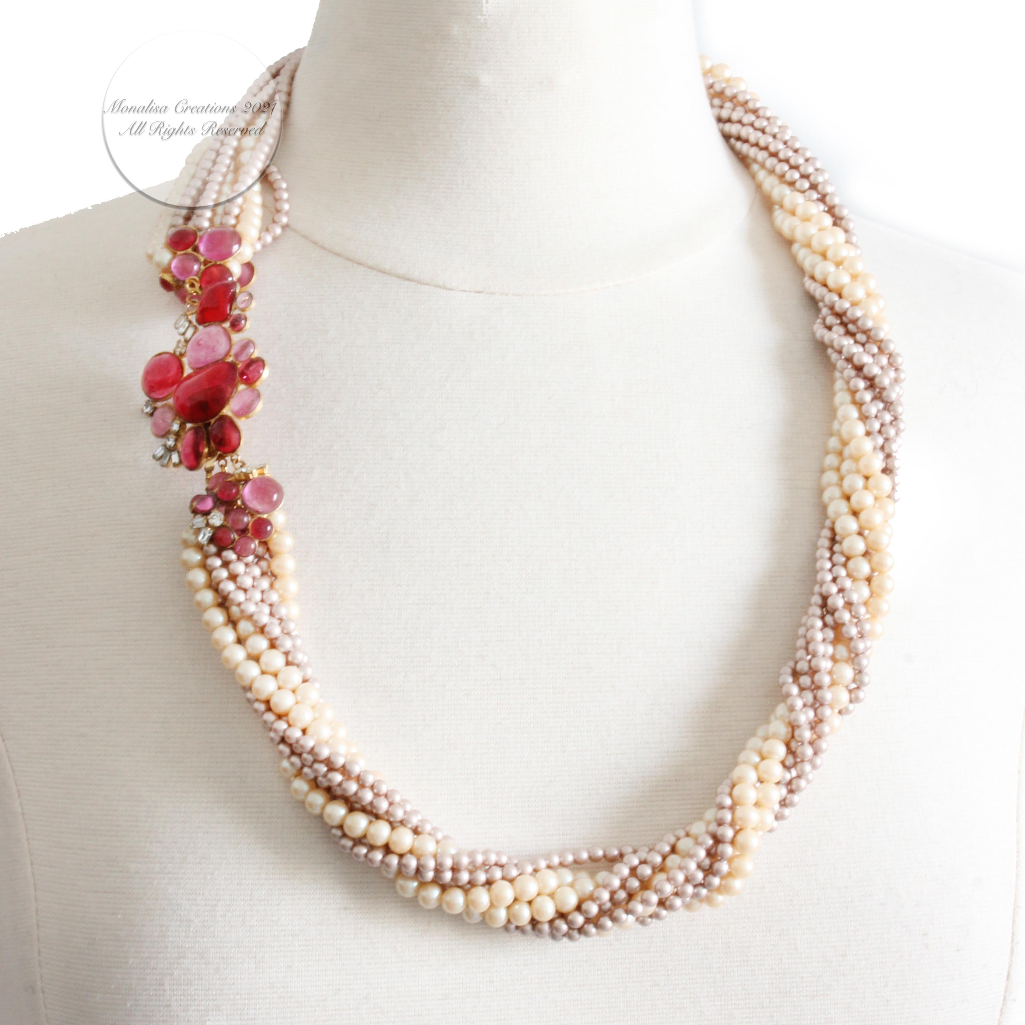 Chanel Necklace Faux Pearl Multistrand Poured Glass Camellia Accents Goossens  In Good Condition In Port Saint Lucie, FL