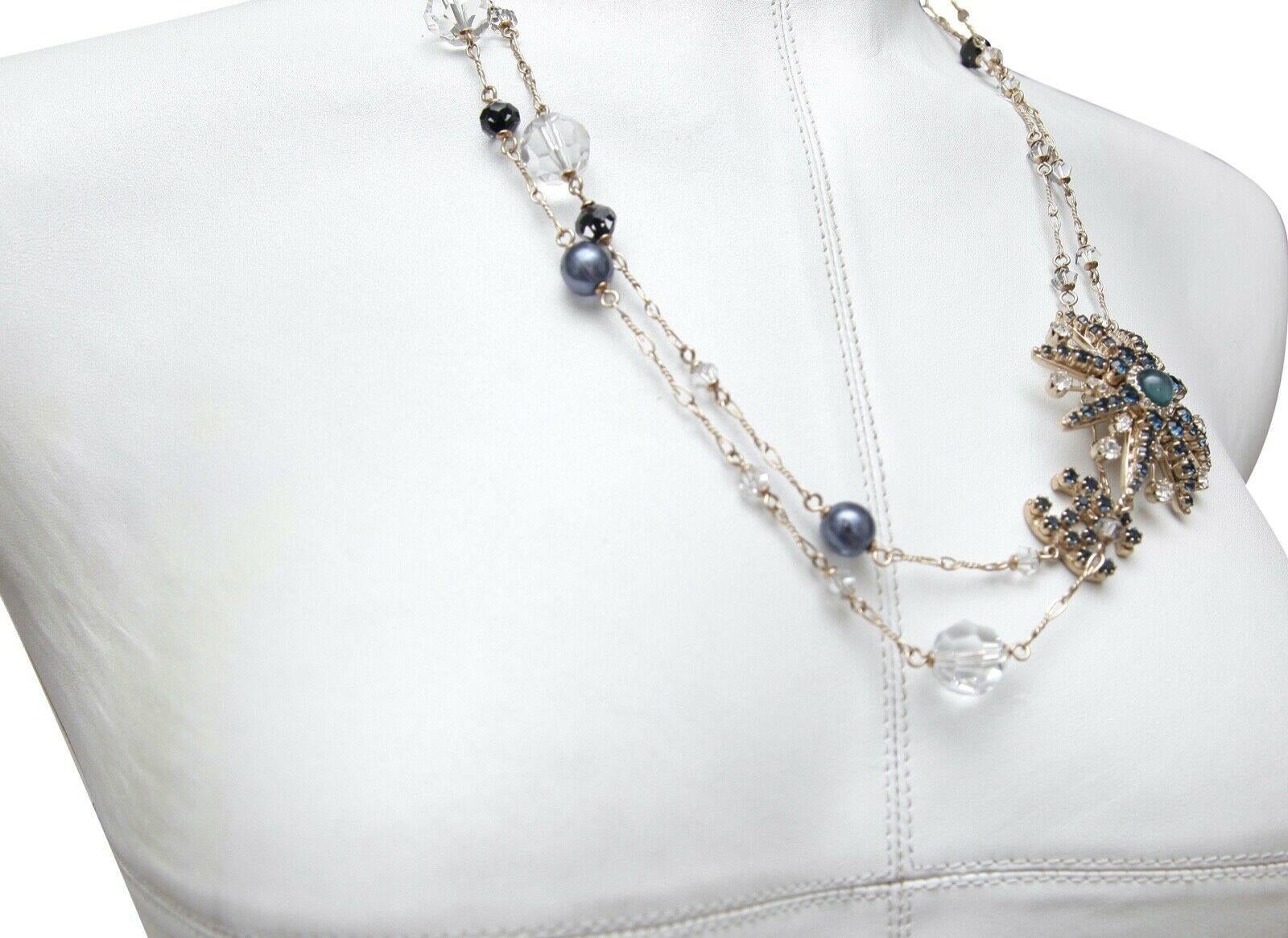 CHANEL Necklace Gold Blue White Crystals Starburst Pearls Charm Chain 2010 In Good Condition For Sale In Hollywood, FL