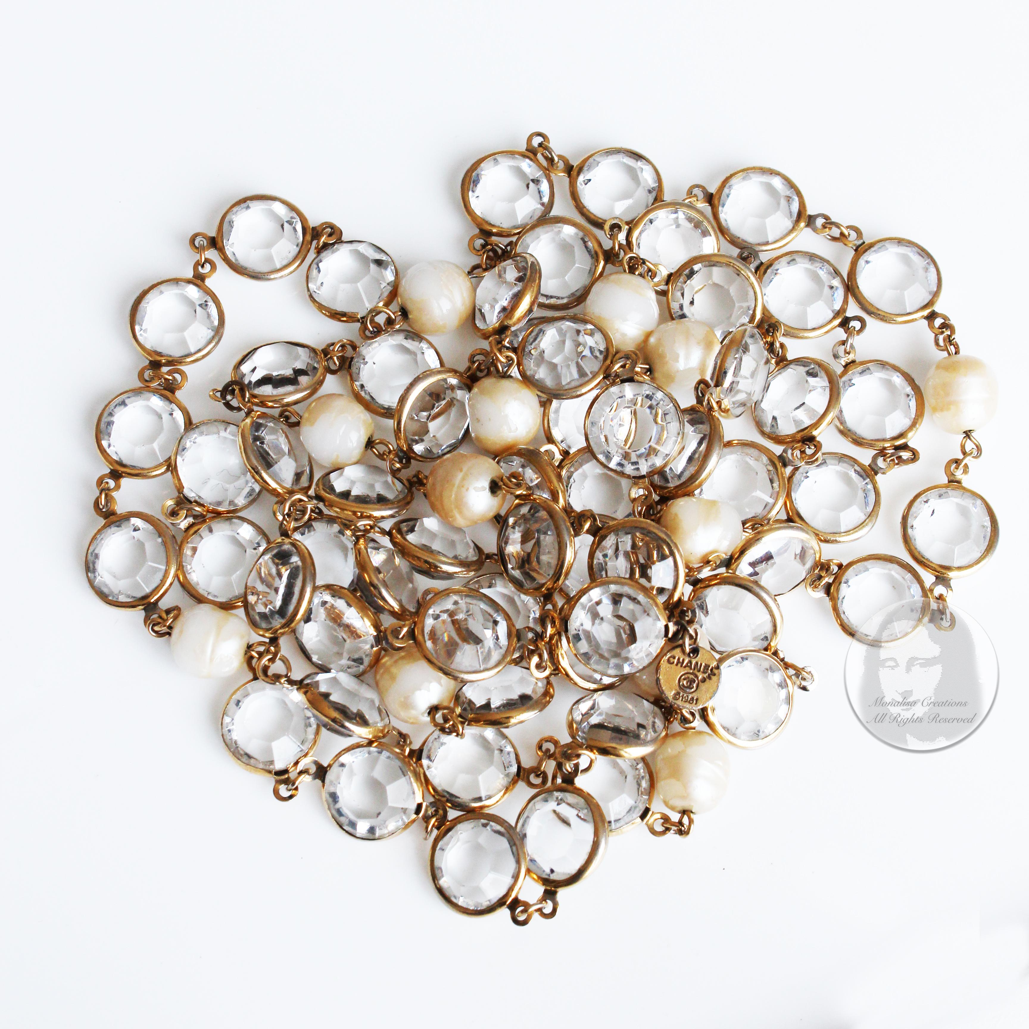 Authentic, preowned, vintage Chanel sautoir style necklace, released in 1981. Made from gold metal, it features round faceted crystals and baroque-style faux pearls. No closure, it is designed to slip over ones head, and can be doubled or knotted