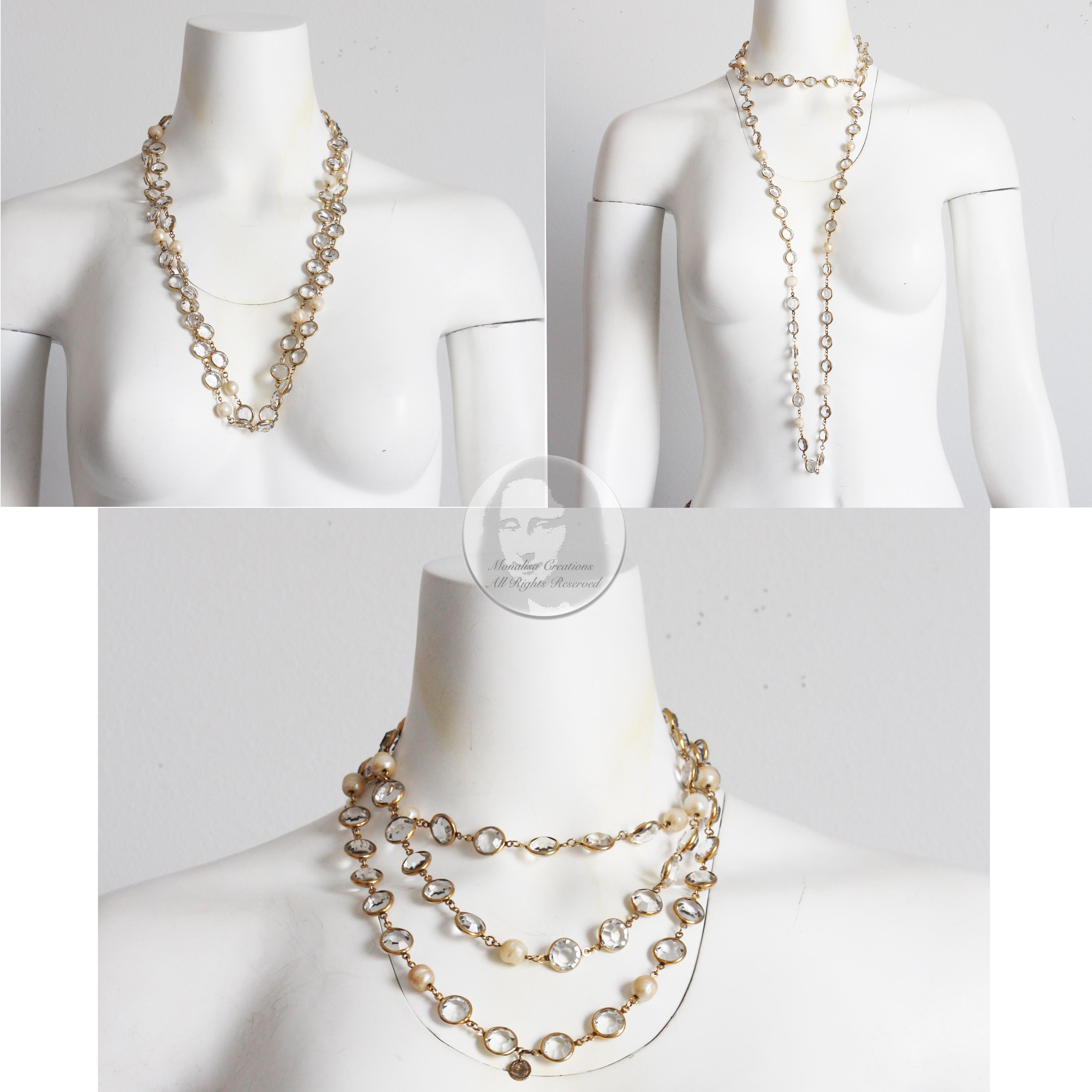 Chanel Necklace Gold Metal Crystals and Faux Pearls Baroque Sautoir Vintage 80s In Fair Condition In Port Saint Lucie, FL