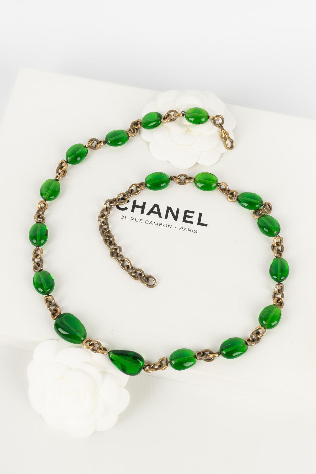 Women's Chanel Necklace Haute Couture in Dark Golden Metal with Green Glass Pearls For Sale