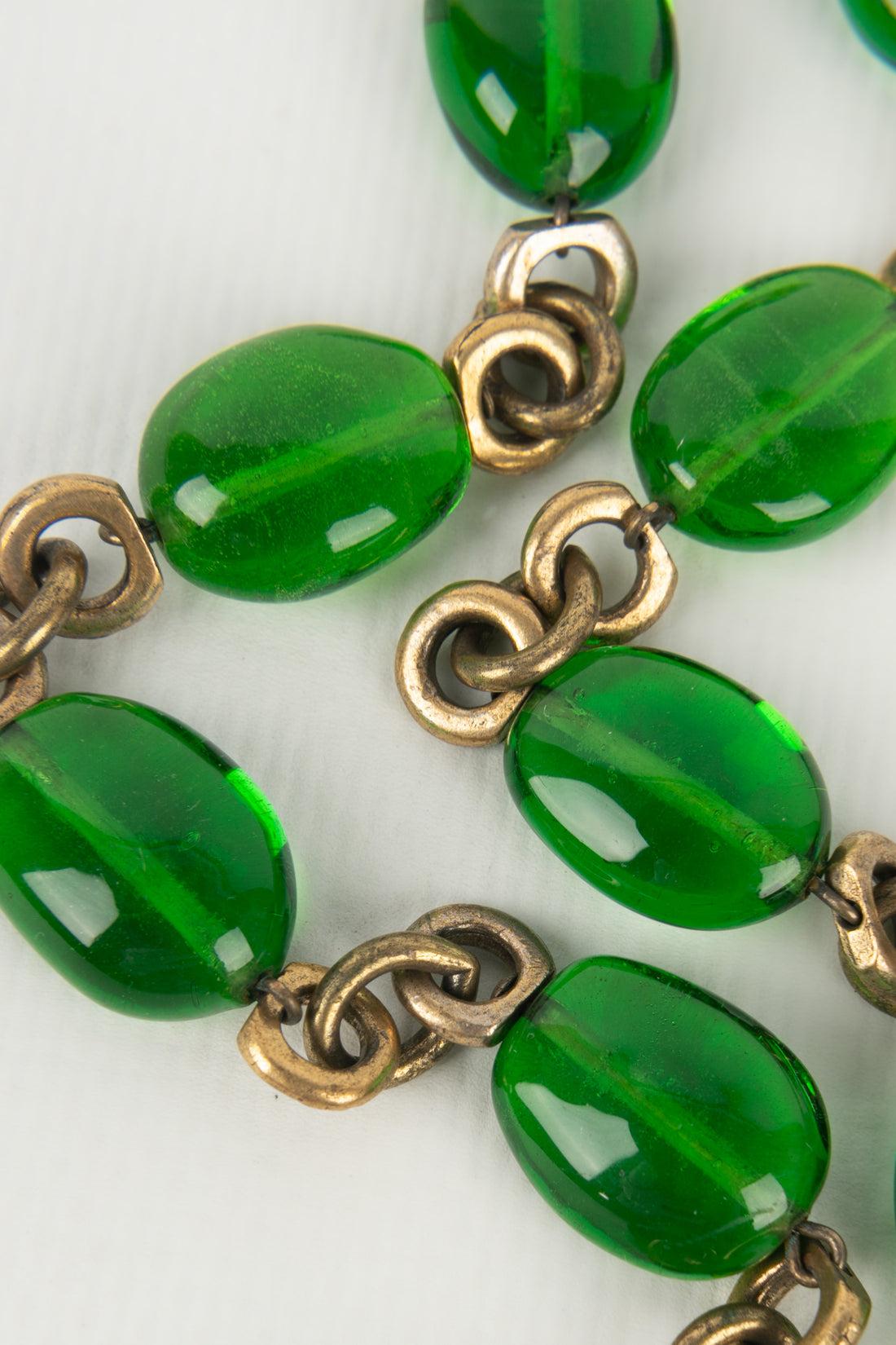 Chanel Necklace Haute Couture in Dark Golden Metal with Green Glass Pearls For Sale 1