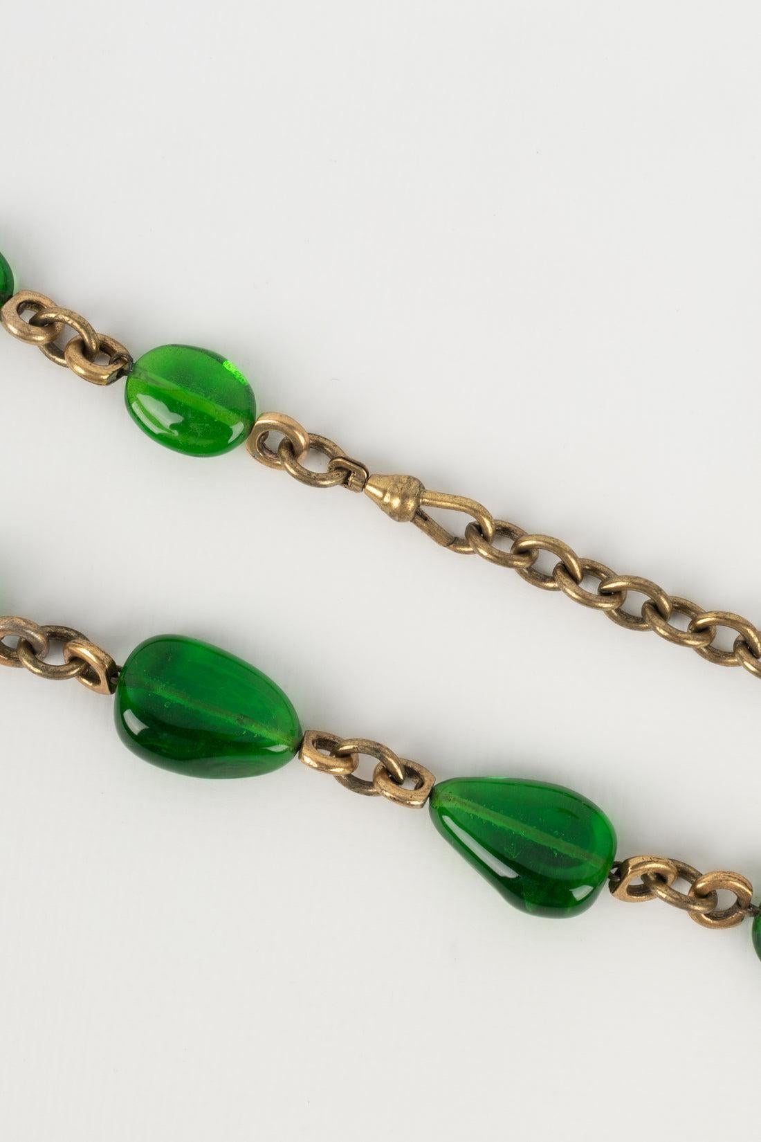 Chanel Necklace Haute Couture in Dark Golden Metal with Green Glass Pearls For Sale 3