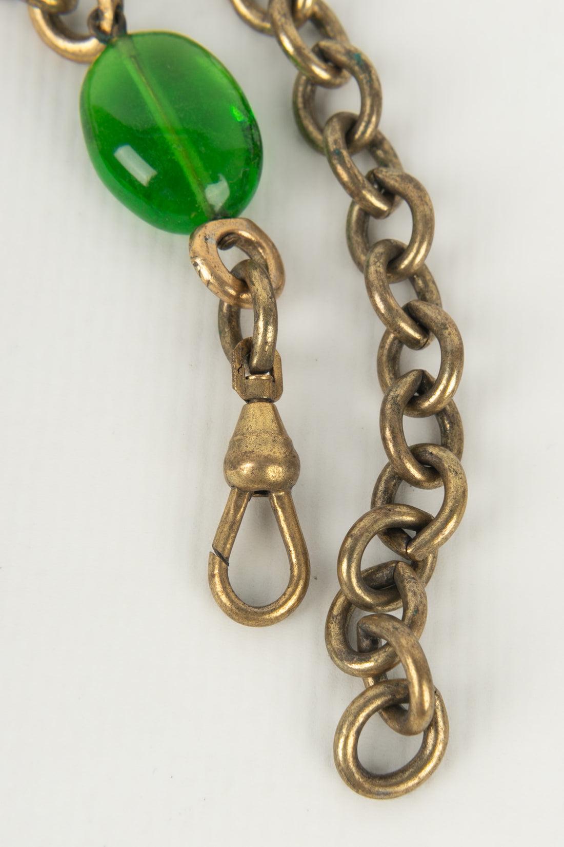 Chanel Necklace Haute Couture in Dark Golden Metal with Green Glass Pearls For Sale 4