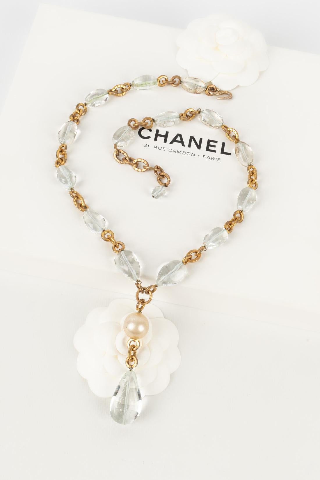 Women's Chanel Necklace Haute Couture in Golden Metal with Transparent Glass Pearls For Sale