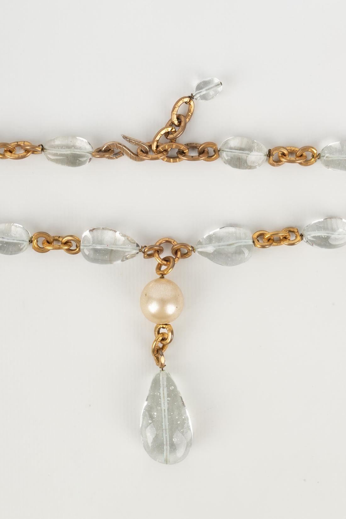 Chanel Necklace Haute Couture in Golden Metal with Transparent Glass Pearls For Sale 1
