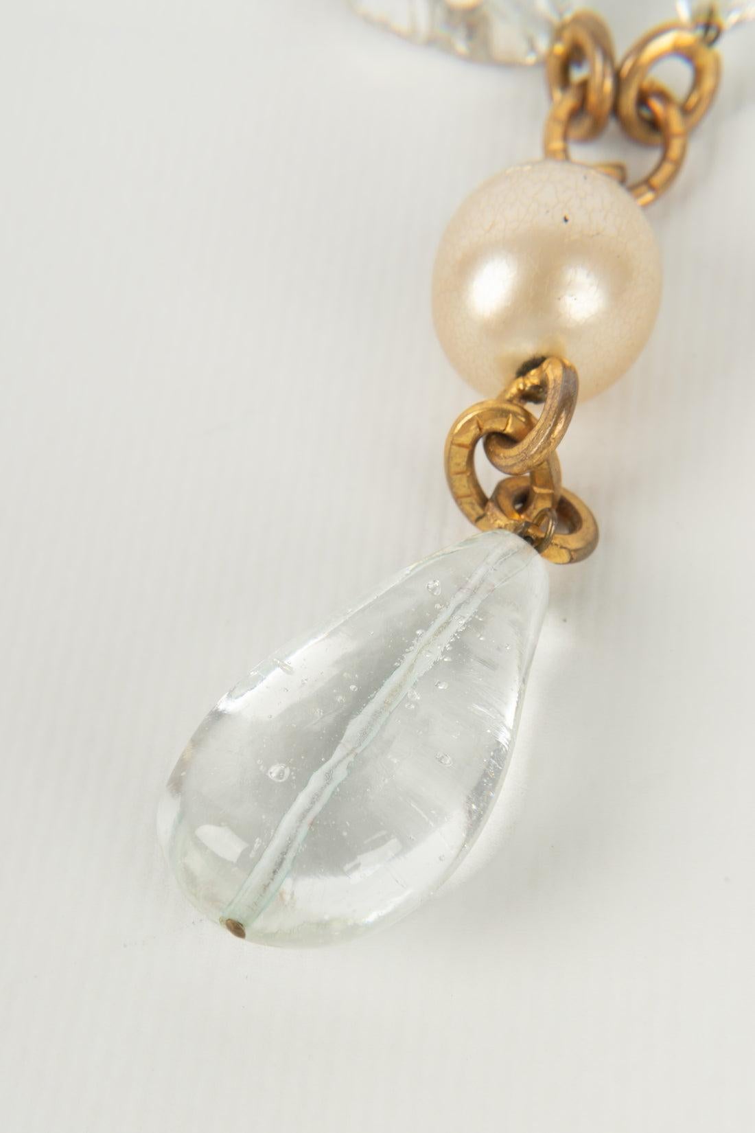 Chanel Necklace Haute Couture in Golden Metal with Transparent Glass Pearls For Sale 3