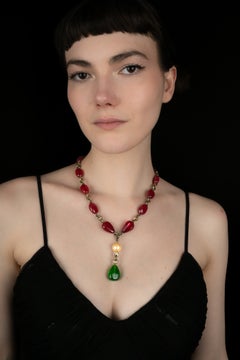 Chanel Necklace Haute Couture in Old Golden Metal with Red Glass Pearls
