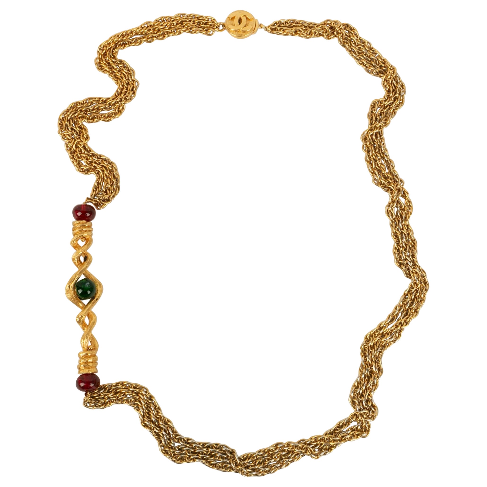 Collana Chanel in metallo placcato oro e perle di vetro colorate