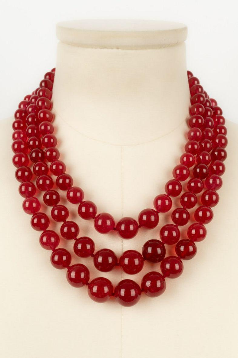 Chanel Necklace in Three Rows of Red Glass Beads In Excellent Condition In SAINT-OUEN-SUR-SEINE, FR