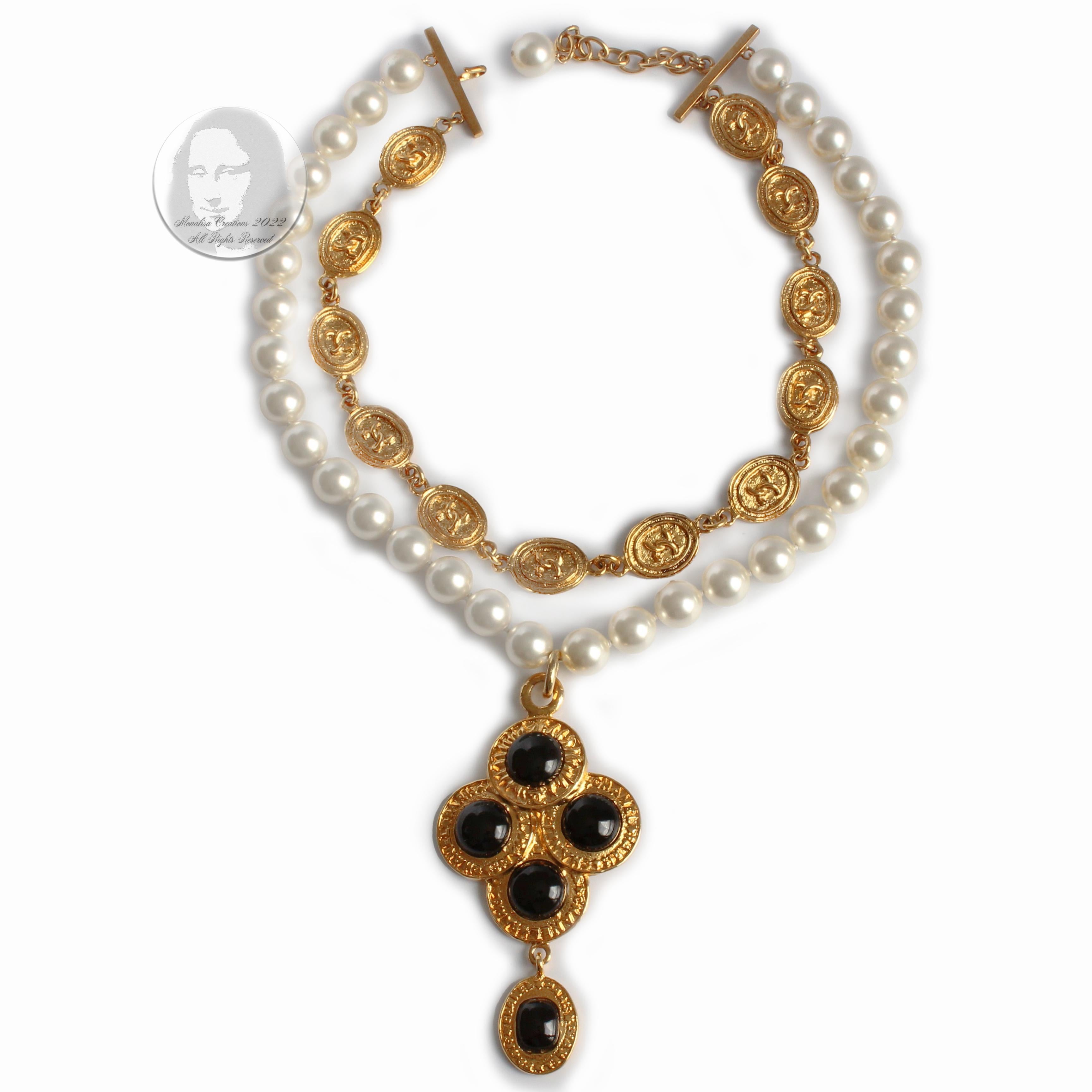 Authentic, preowned, vintage Chanel pendant choker necklace, from the 1991 Season 2 8 collection. The necklace is double-strand with one row of faux pearls and a shorter string of gold CC logo medallions, which fasten with a hook and faux pearl