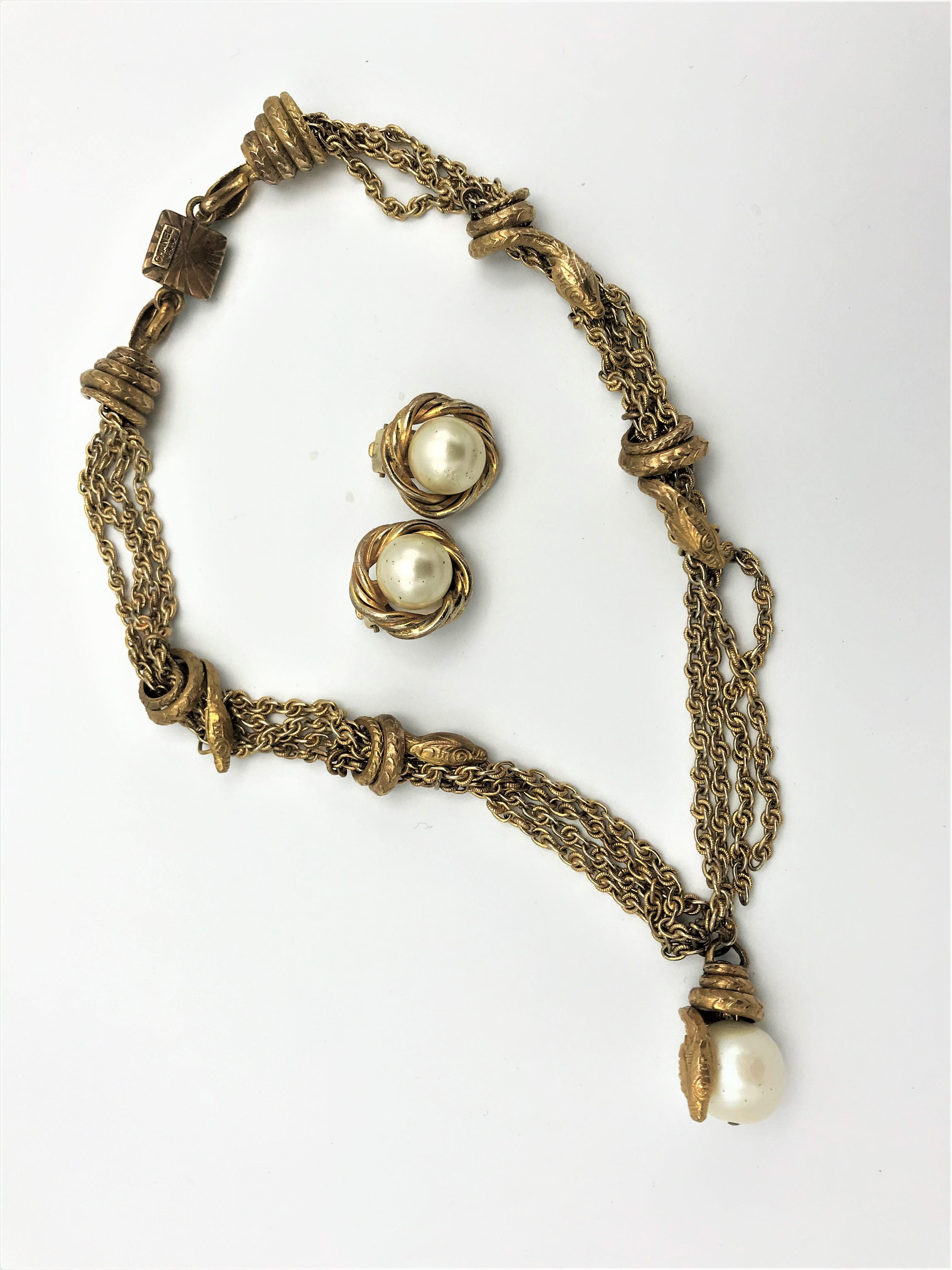 Arts and Crafts Chanel necklace with ear clips signed with 3 stars *** from 1960