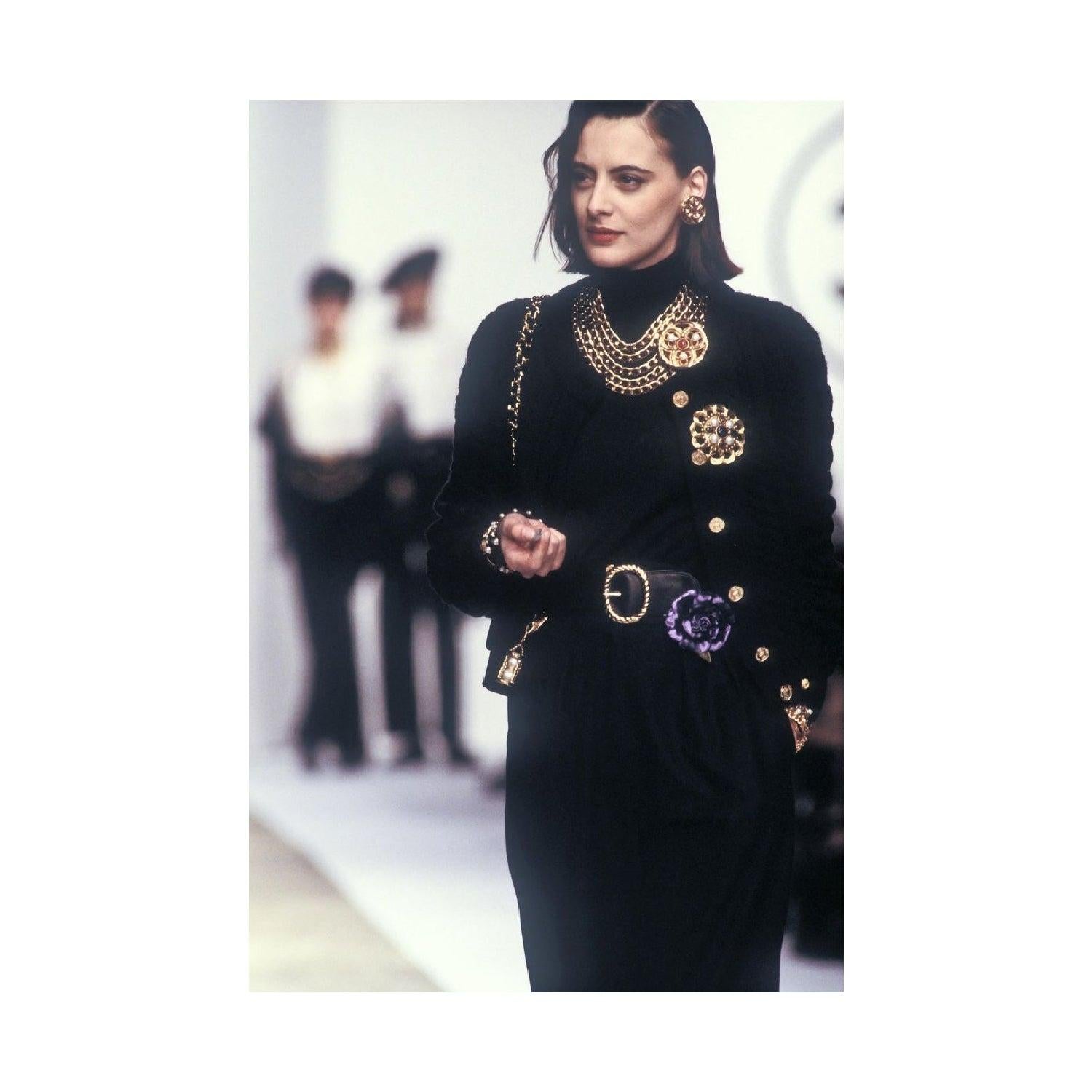 Chanel gold plated necklace, chain-link, gothic style medallion with synthetic gemstones and pearls.
 
 Lenght:47;
 Circumference:81;
 Width:1; Material: Gold Plated Brass