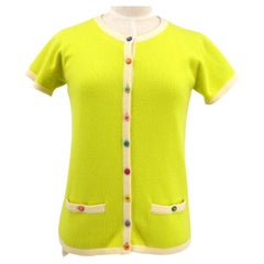 CHANEL Neon Green Multi Color Button Cashmere Sweater Cardigan Set - Size FR 40