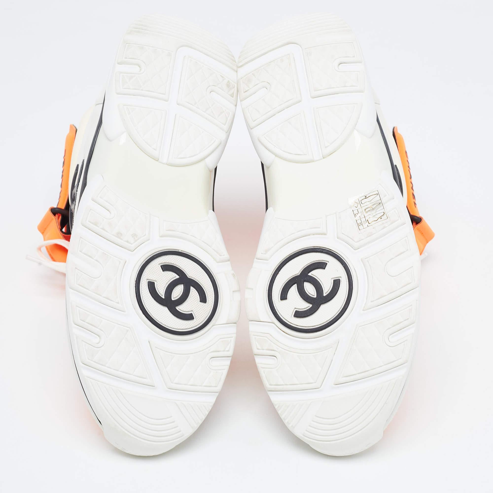 Chanel Neon Orange/White Neoprene and Leather CC High Top Sneakers Size 40.5 For Sale 1