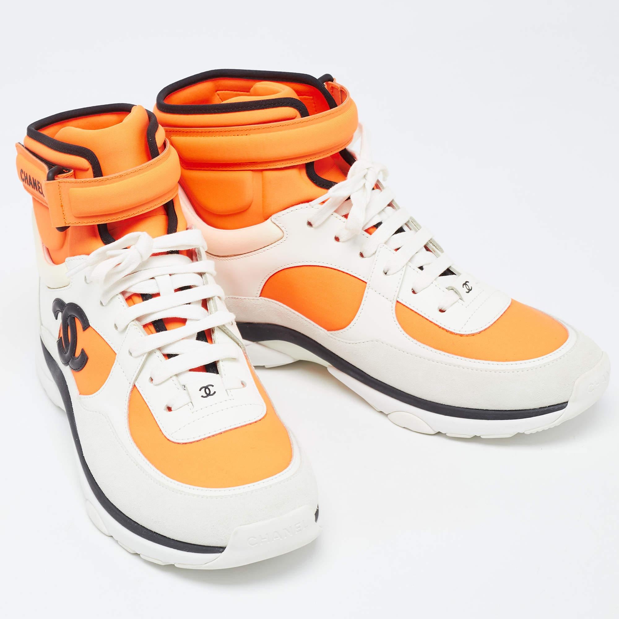 Chanel Neon Orange/White Neoprene and Leather CC High Top Sneakers Size 40.5 For Sale 2