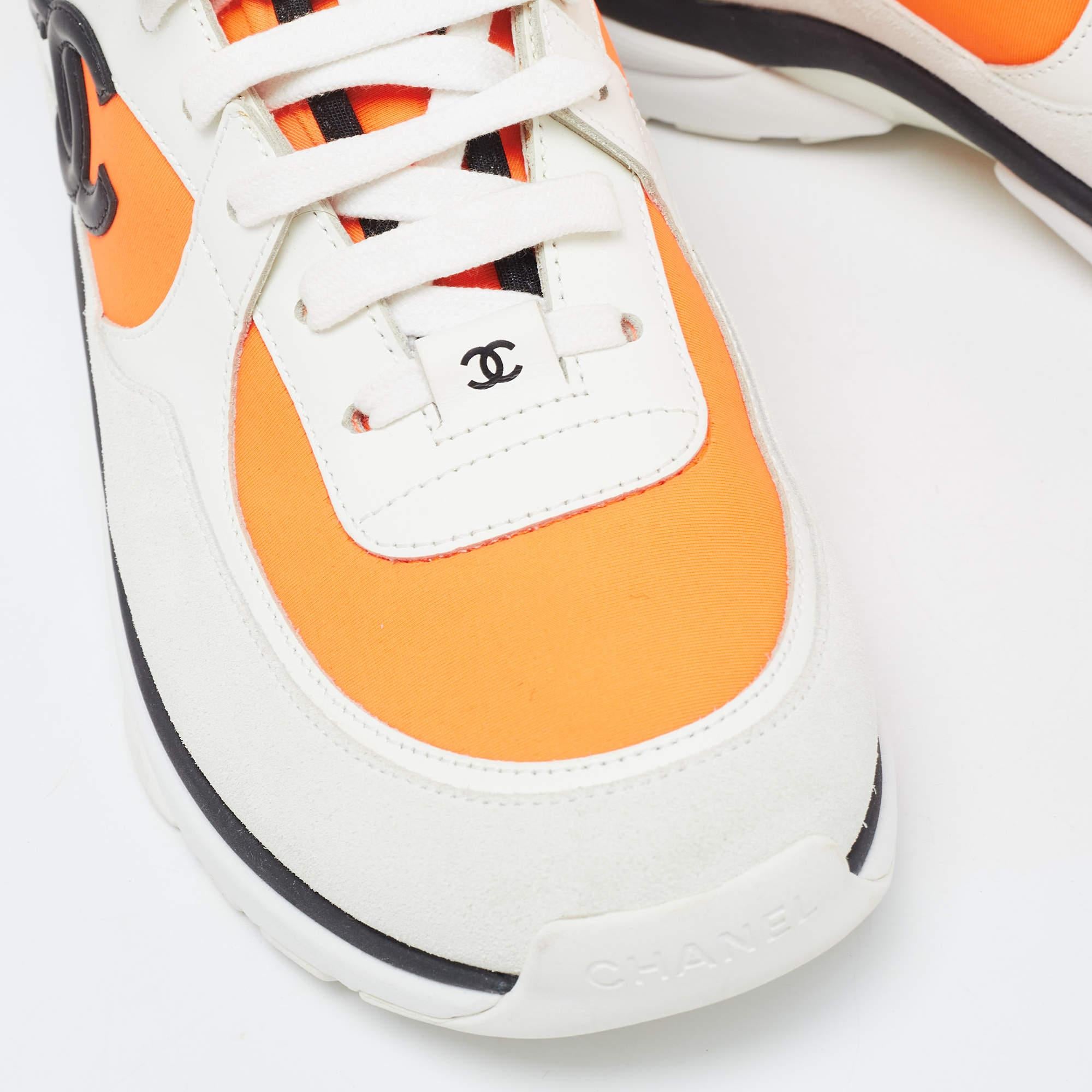 Chanel Neon Orange/White Neoprene and Leather CC High Top Sneakers Size 40.5 For Sale 3