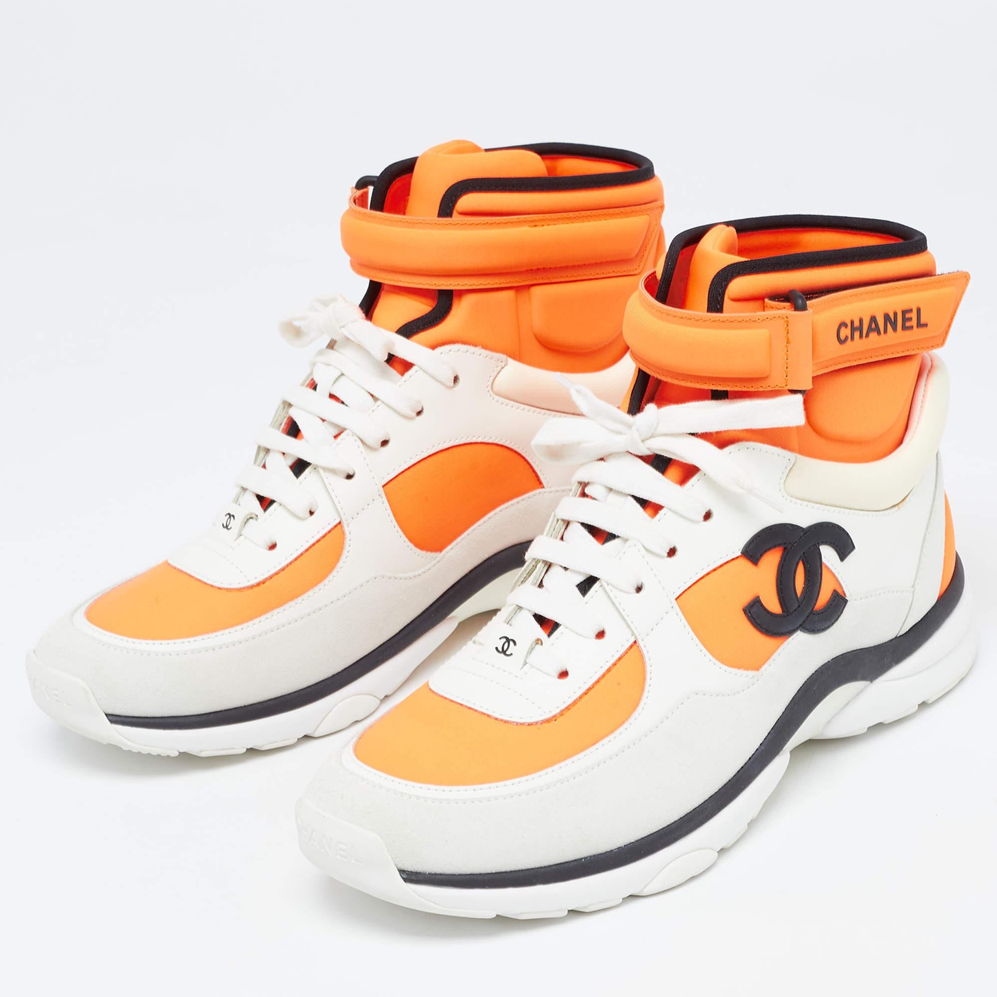 Chanel Neon Orange/White Neoprene and Leather CC High Top Sneakers Size 40.5 For Sale 4