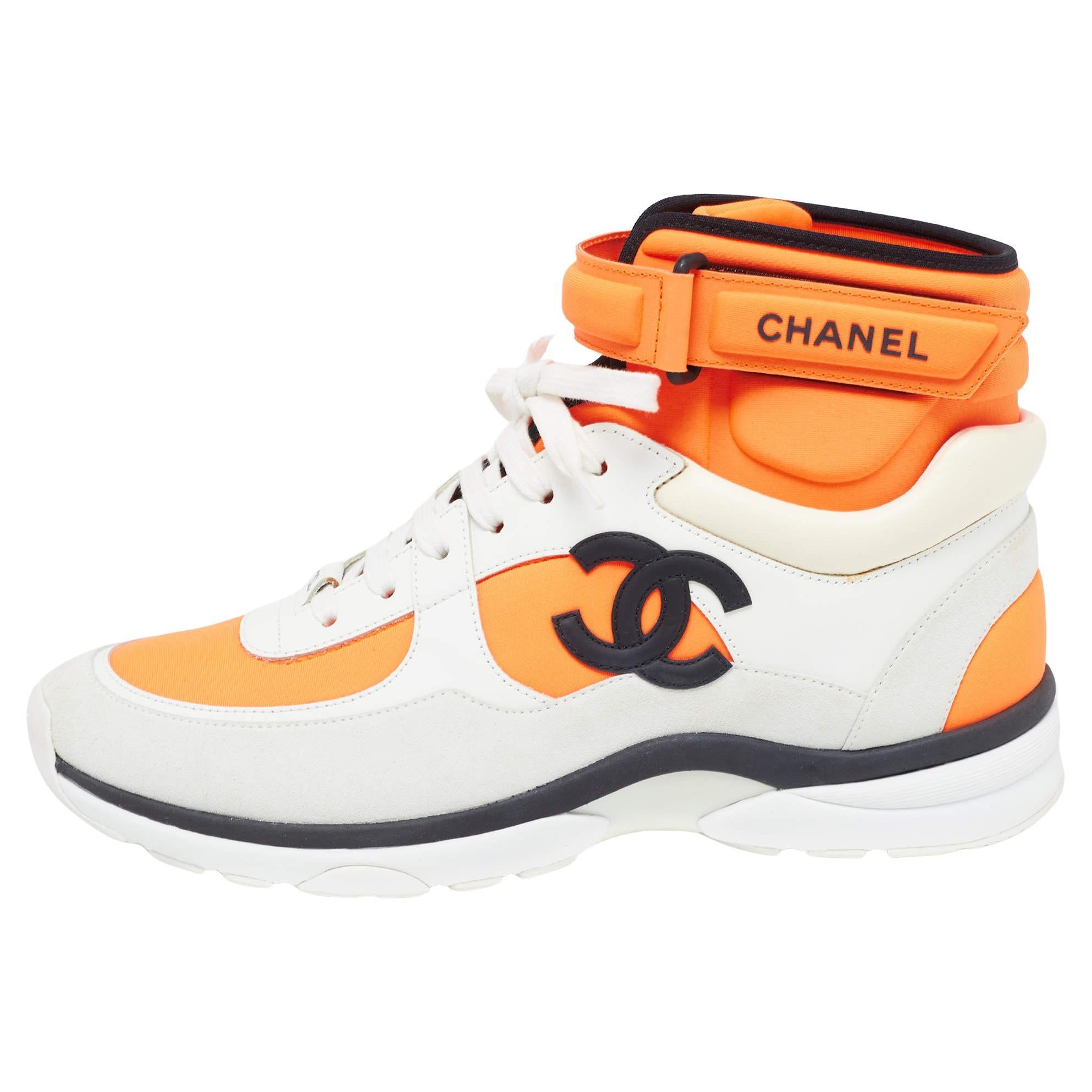 Chanel Neon Orange/White Neoprene and Leather CC High Top Sneakers Size 40.5 For Sale