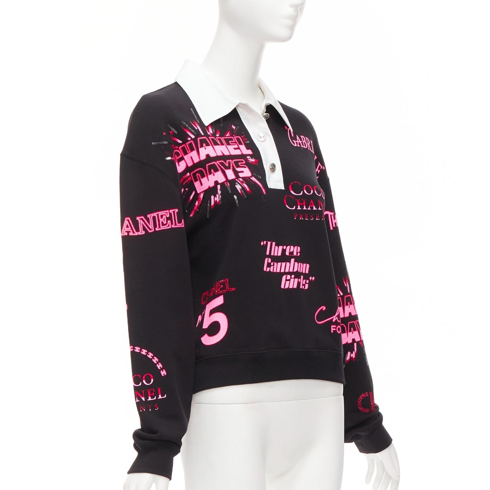 Black CHANEL neon pink black CC logo graphic cotton 5 silver button polo shirt S For Sale