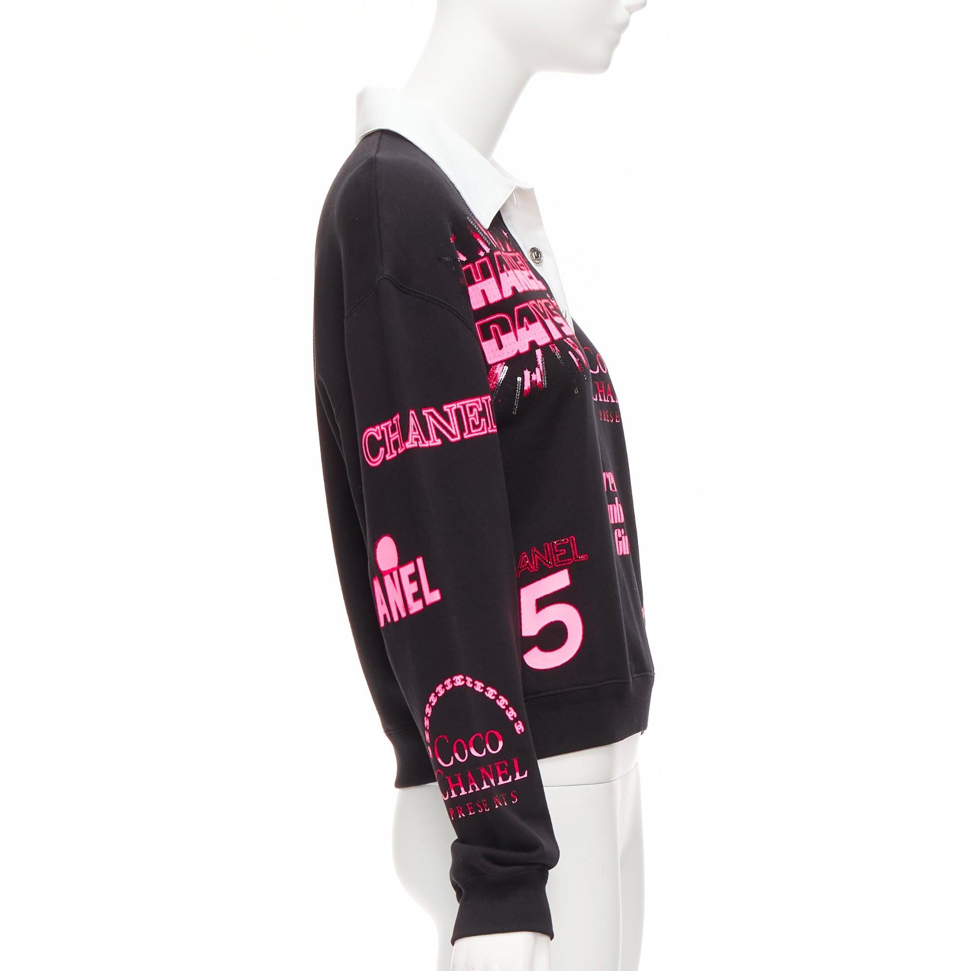 Chanel rosa neon nero logo CC grafico cotone 5 bottoni argento polo S In condizioni ottime a Hong Kong, NT