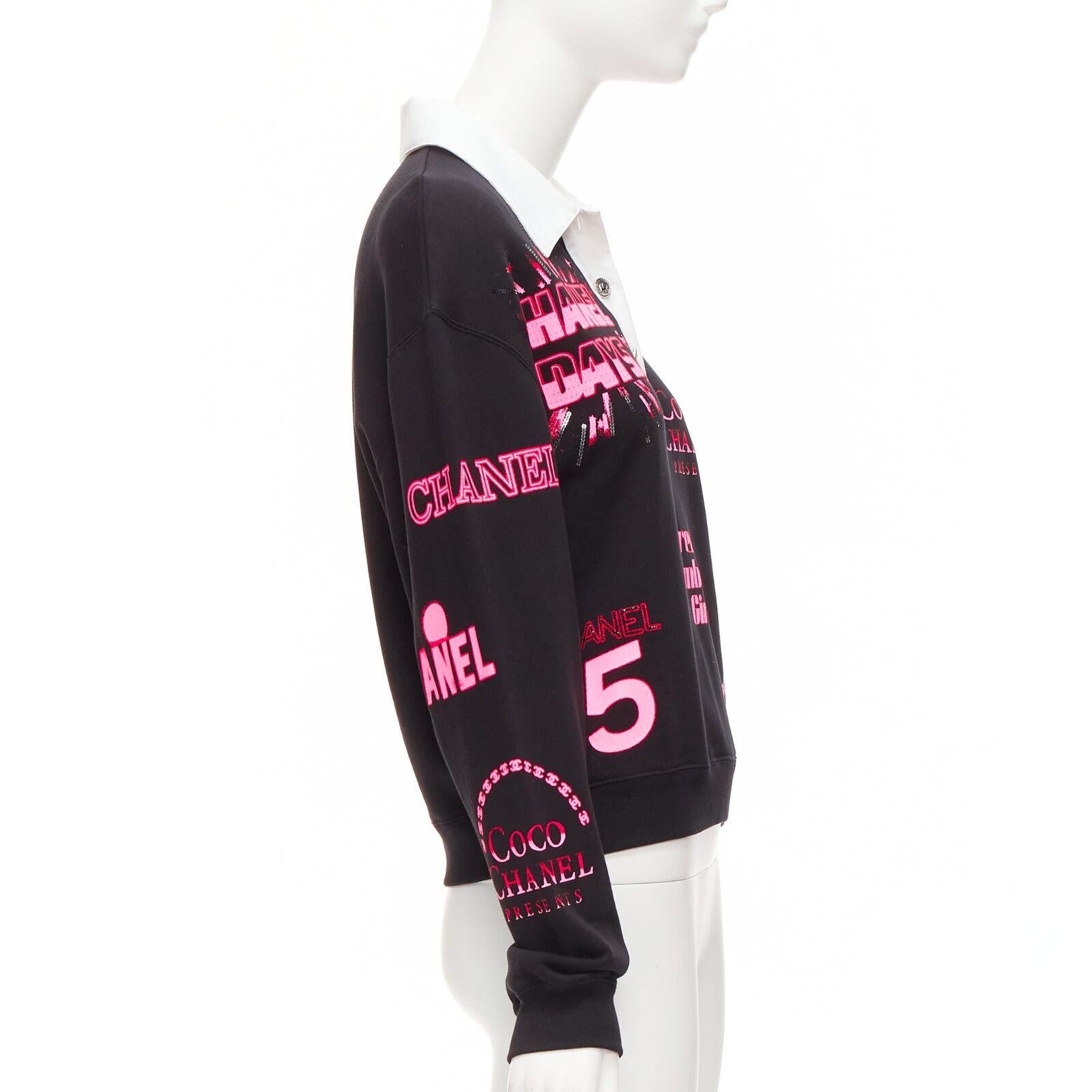 CHANEL neon pink black CC logo graphic cotton 5 silver button polo shirt S In Excellent Condition For Sale In Hong Kong, NT