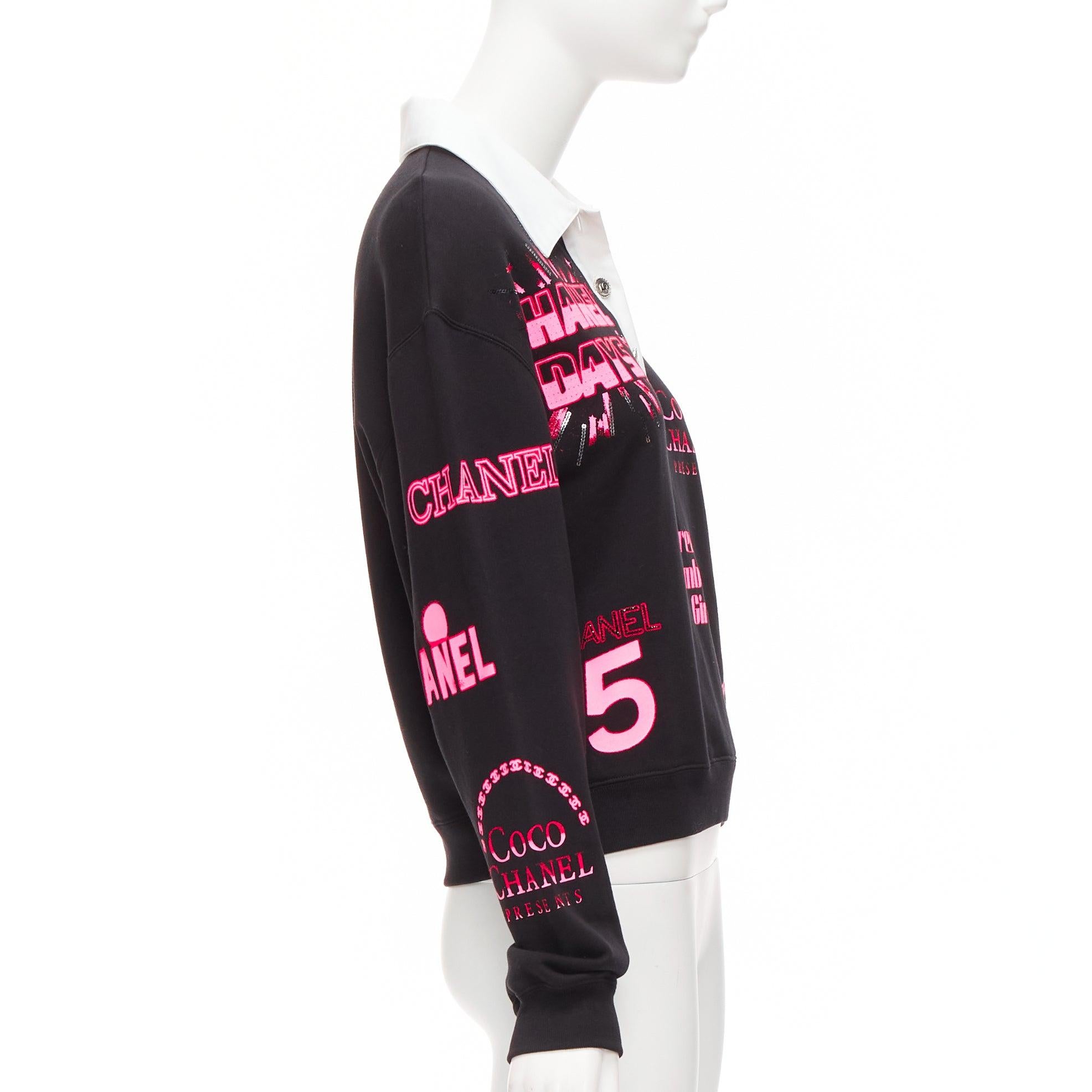 Women's CHANEL neon pink black CC logo graphic cotton 5 silver button polo shirt S For Sale