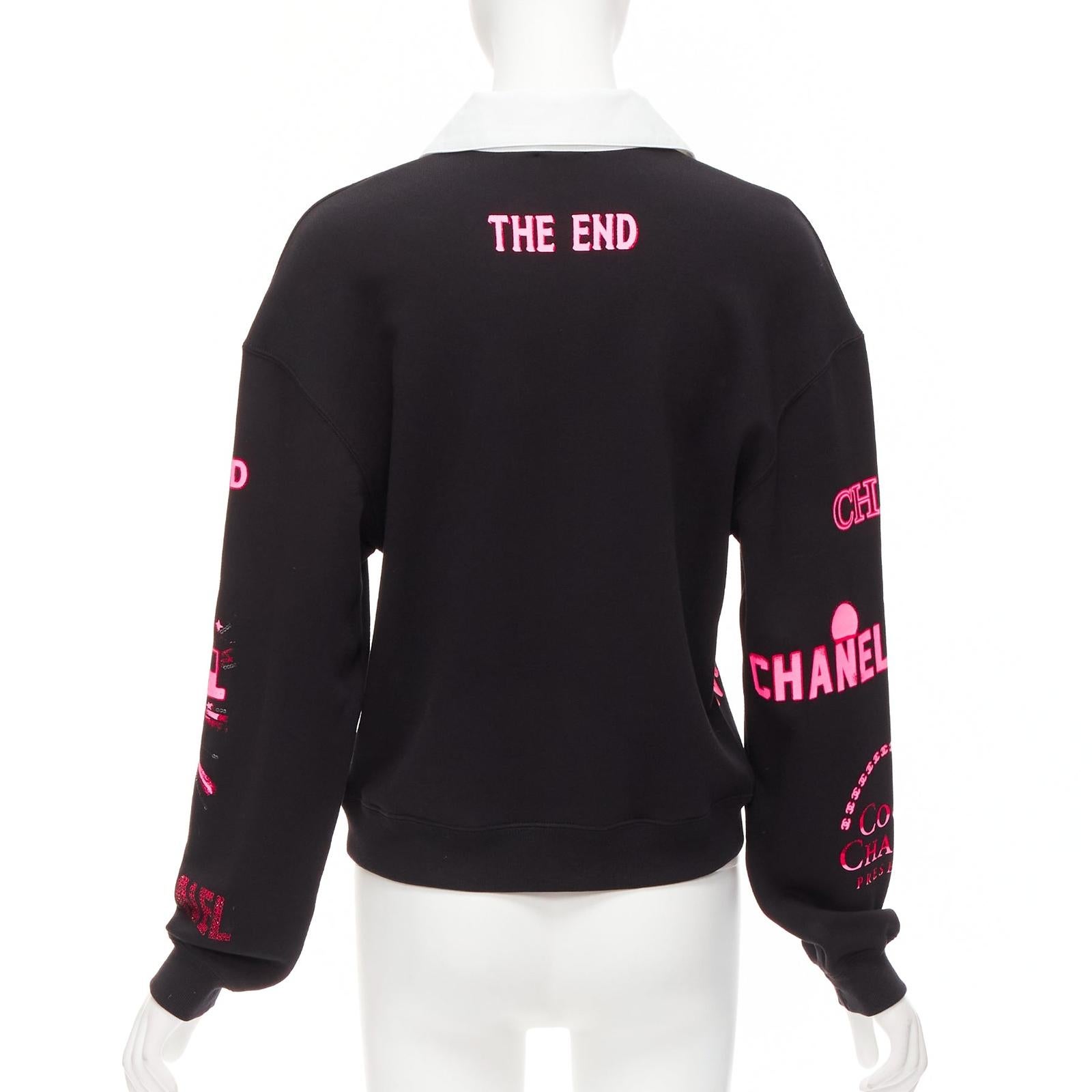 Women's CHANEL neon pink black CC logo graphic cotton 5 silver button polo shirt S For Sale