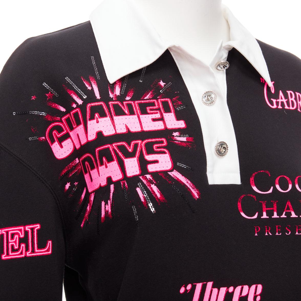CHANEL neon pink black CC logo graphic cotton 5 silver button polo shirt S For Sale 3