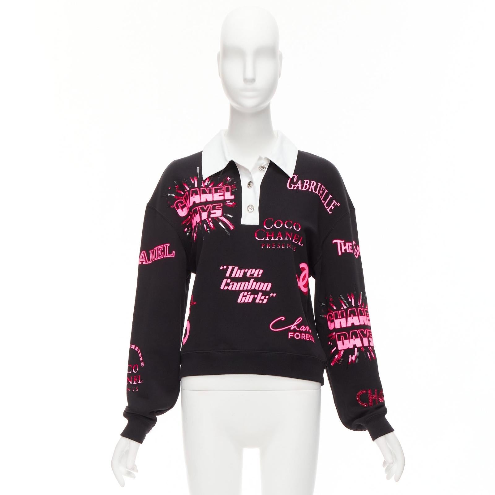 CHANEL neon pink black CC logo graphic cotton 5 silver button polo shirt S For Sale 4