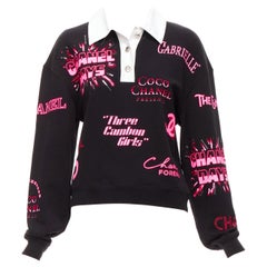 Polo CHANEL rose fluo noir avec logo CC en coton 5 boutons argentés S