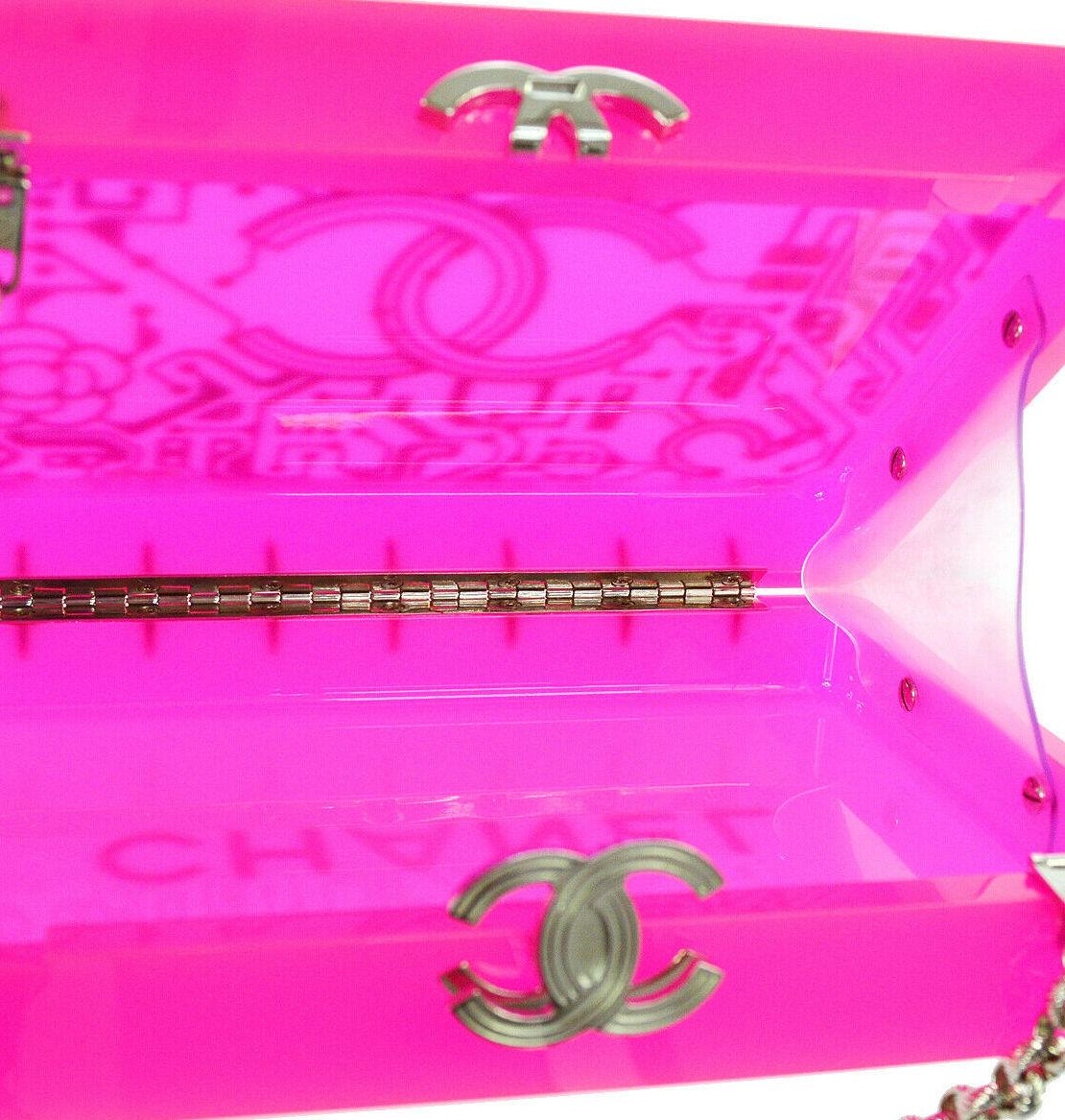 Women's Chanel Neon Pink Plexi Glitter Crystal Evening Shoulder Flap Clutch Bag in Box