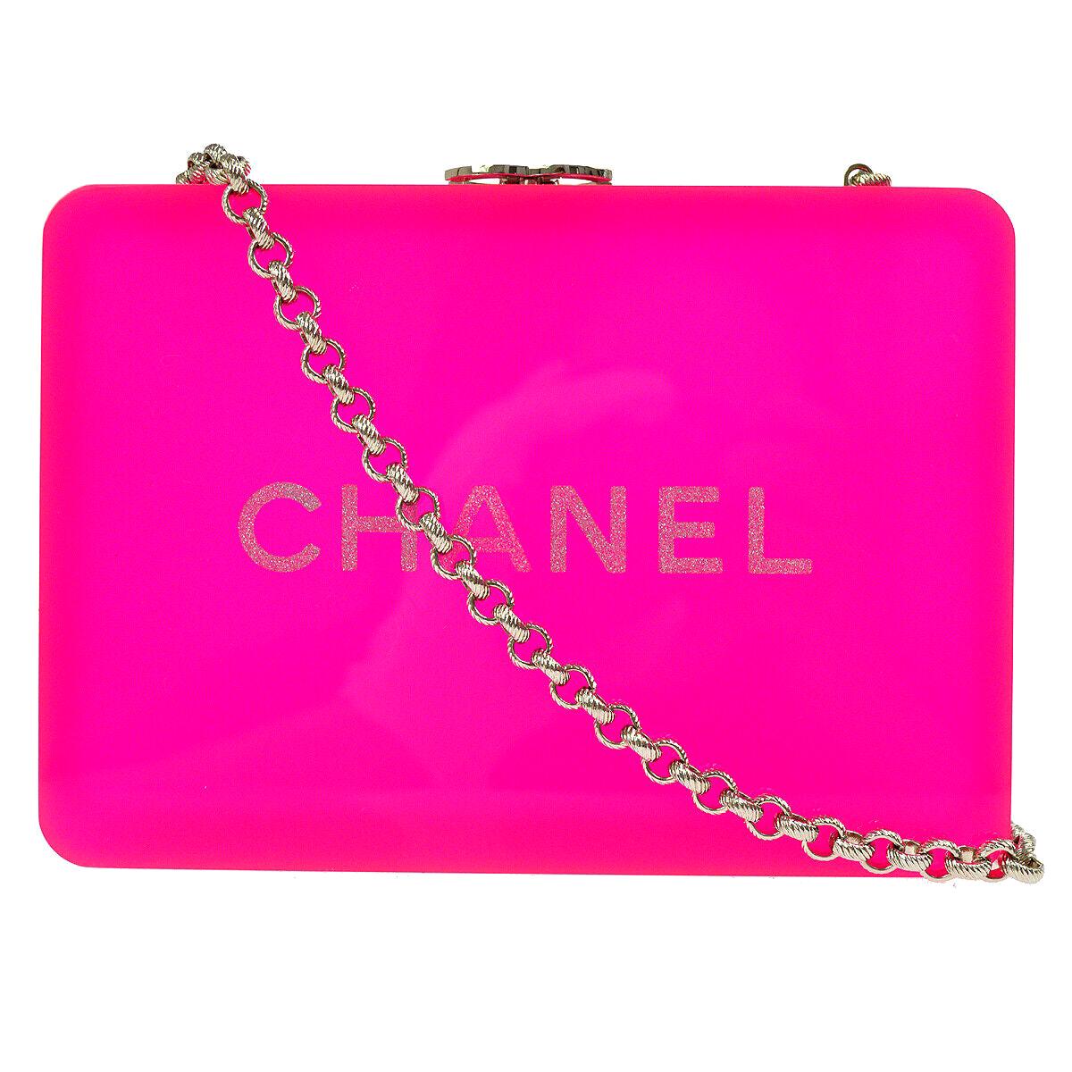 Chanel Neon Pink Plexi Glitter Crystal Evening Shoulder Flap Clutch Bag in Box