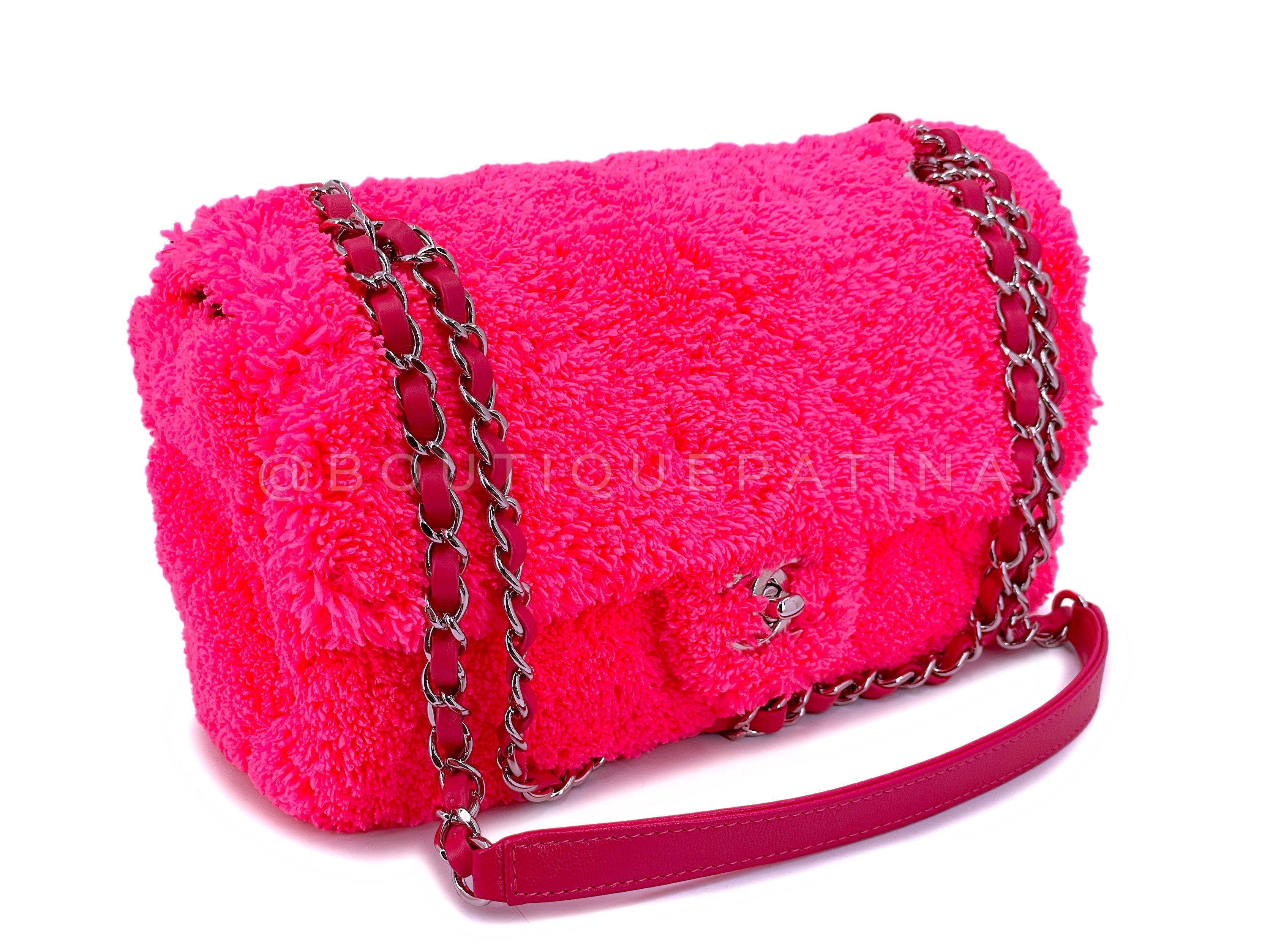 Store item: 67683
We love Chanel Neon Pink Terry Fur Flap Bag for its fun and whimsical style, cozy silhouette and ease of use. 

Comfort leather strap, shiny dark ruthenium hardware and a bold unique interior silk print lining. 

In neon pink terry