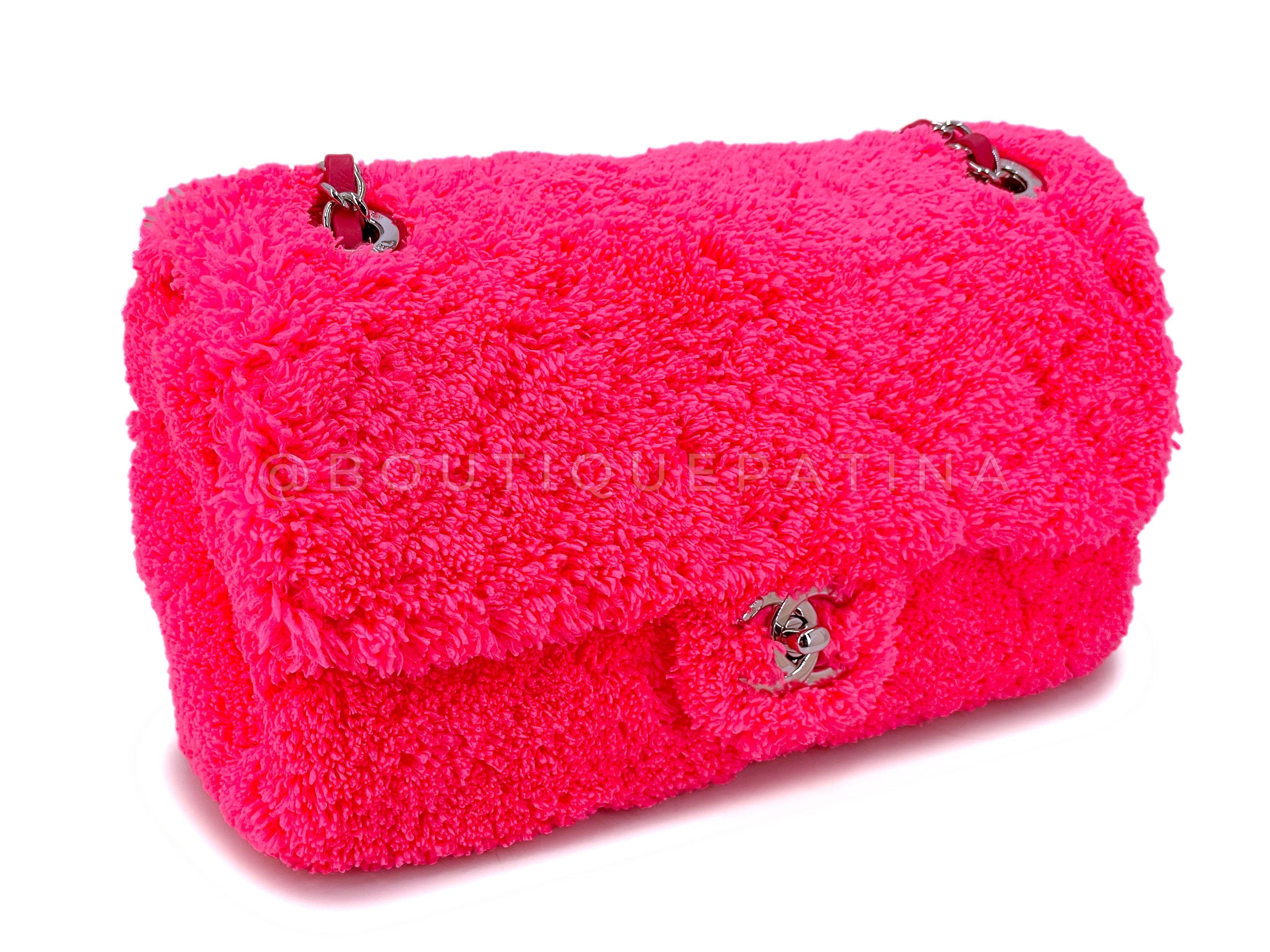 Chanel Neon Pink Terry Fur Flap Bag 67683 In Excellent Condition For Sale In Costa Mesa, CA