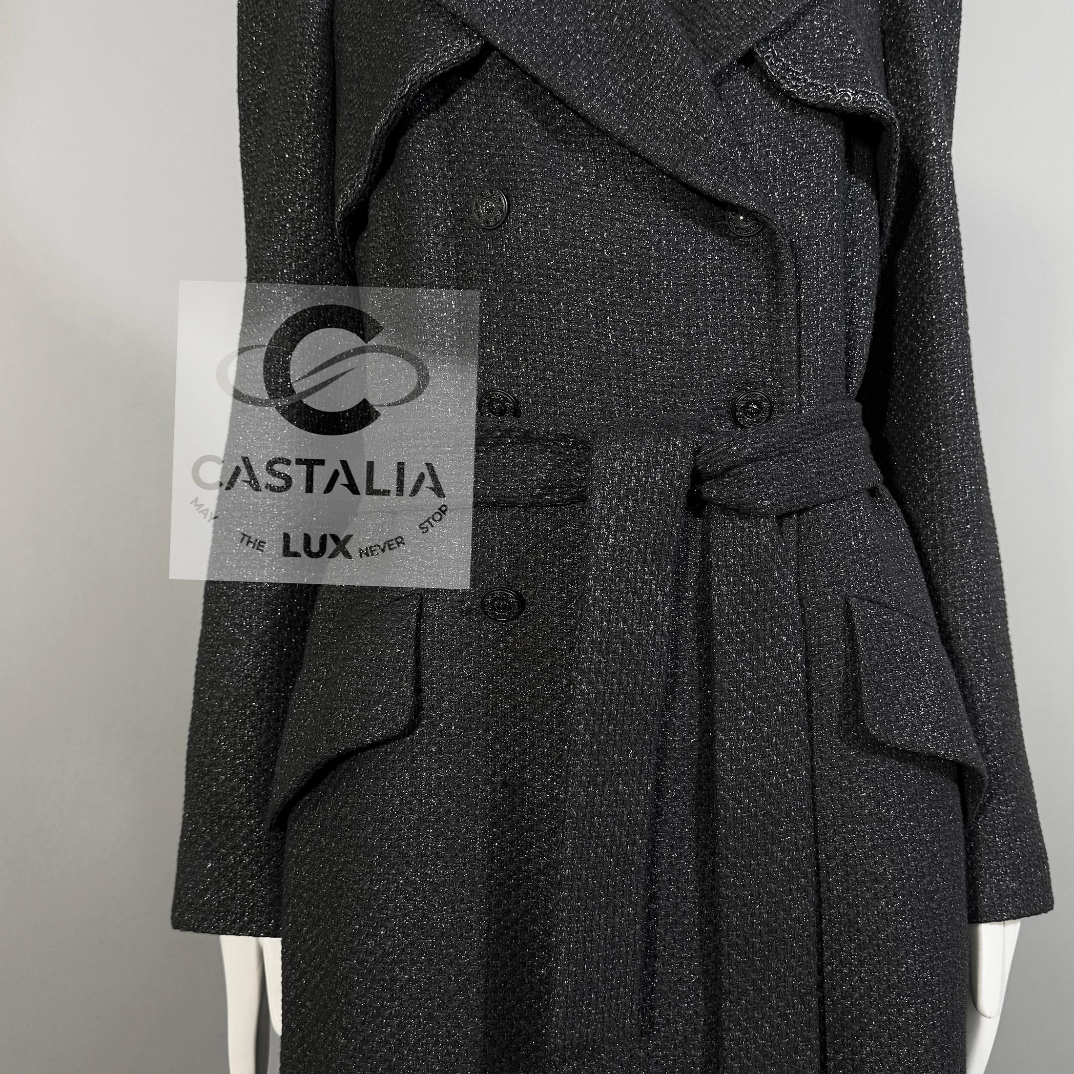 Chanel Nuevo 11K$ Abrigo Trench Tweed Negro Brillo 38 FR en venta 8