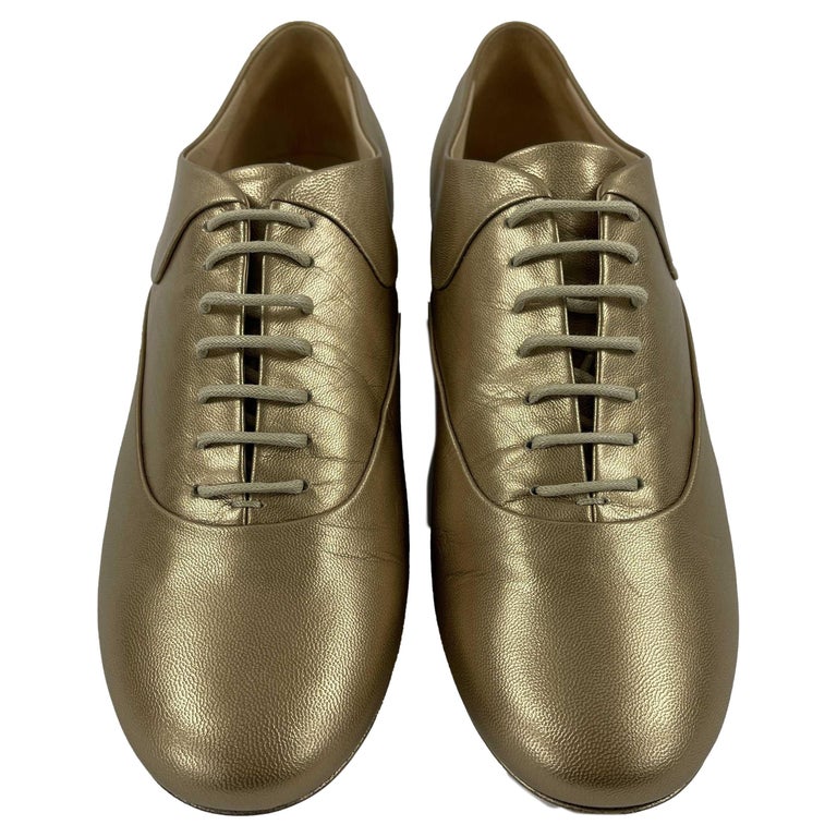 CHANEL NEW 2015 Metallic Gold Leather CC / Pearl Oxford Shoes 39