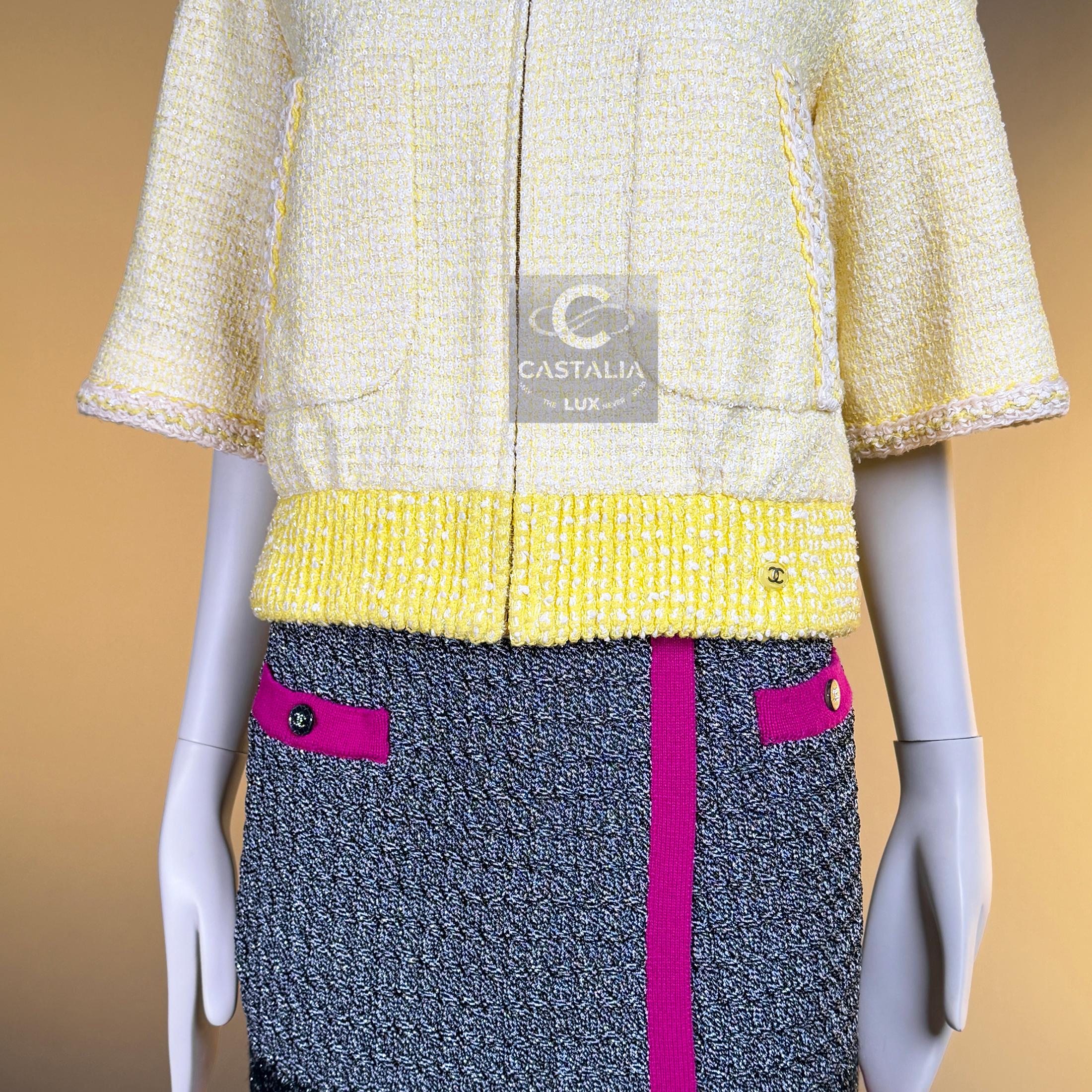CHANEL Nueva Primavera 2019 Chaqueta bomber de tweed amarillo 36 FR en venta 5