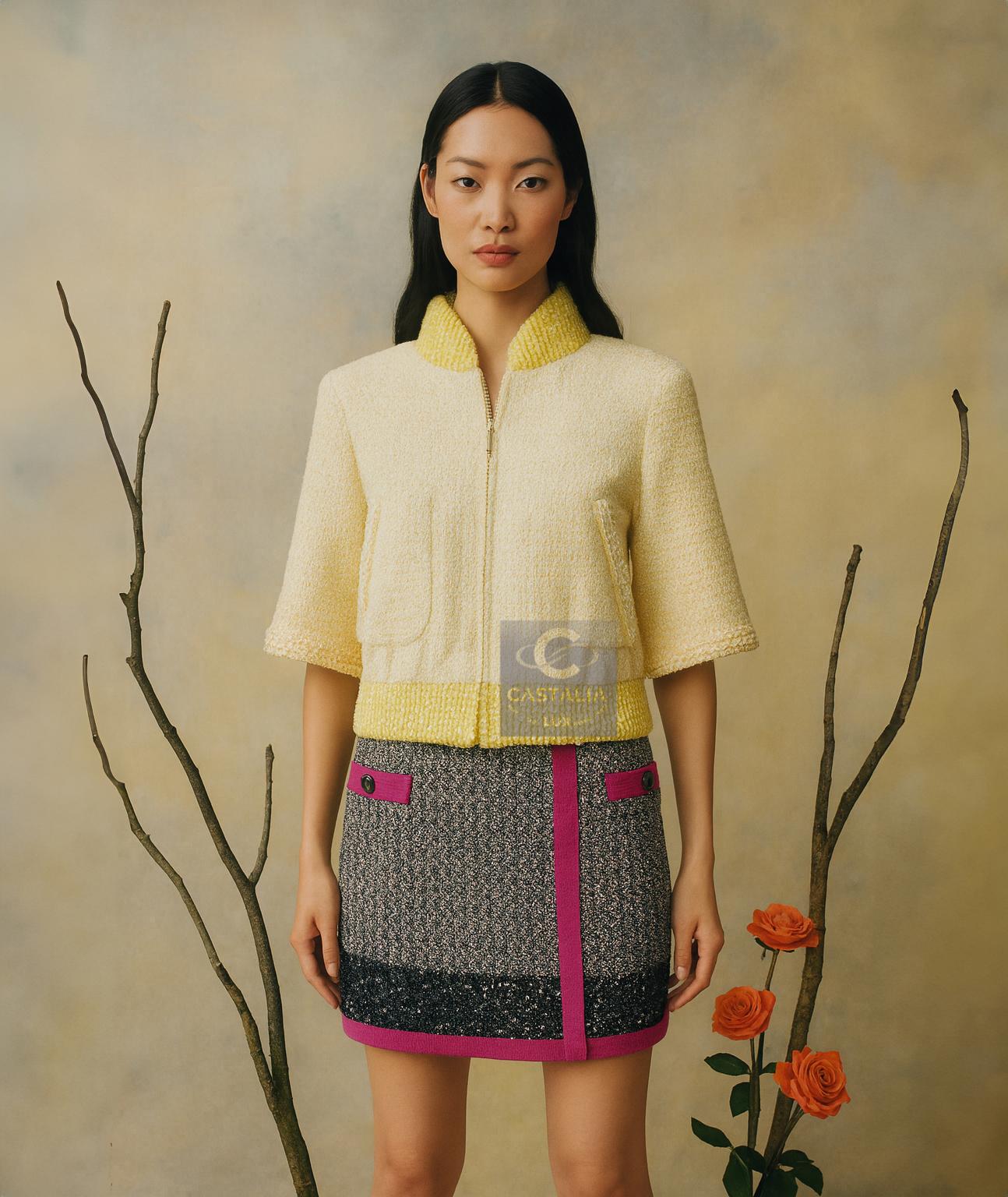 CHANEL Nueva Primavera 2019 Chaqueta bomber de tweed amarillo 36 FR en venta 7