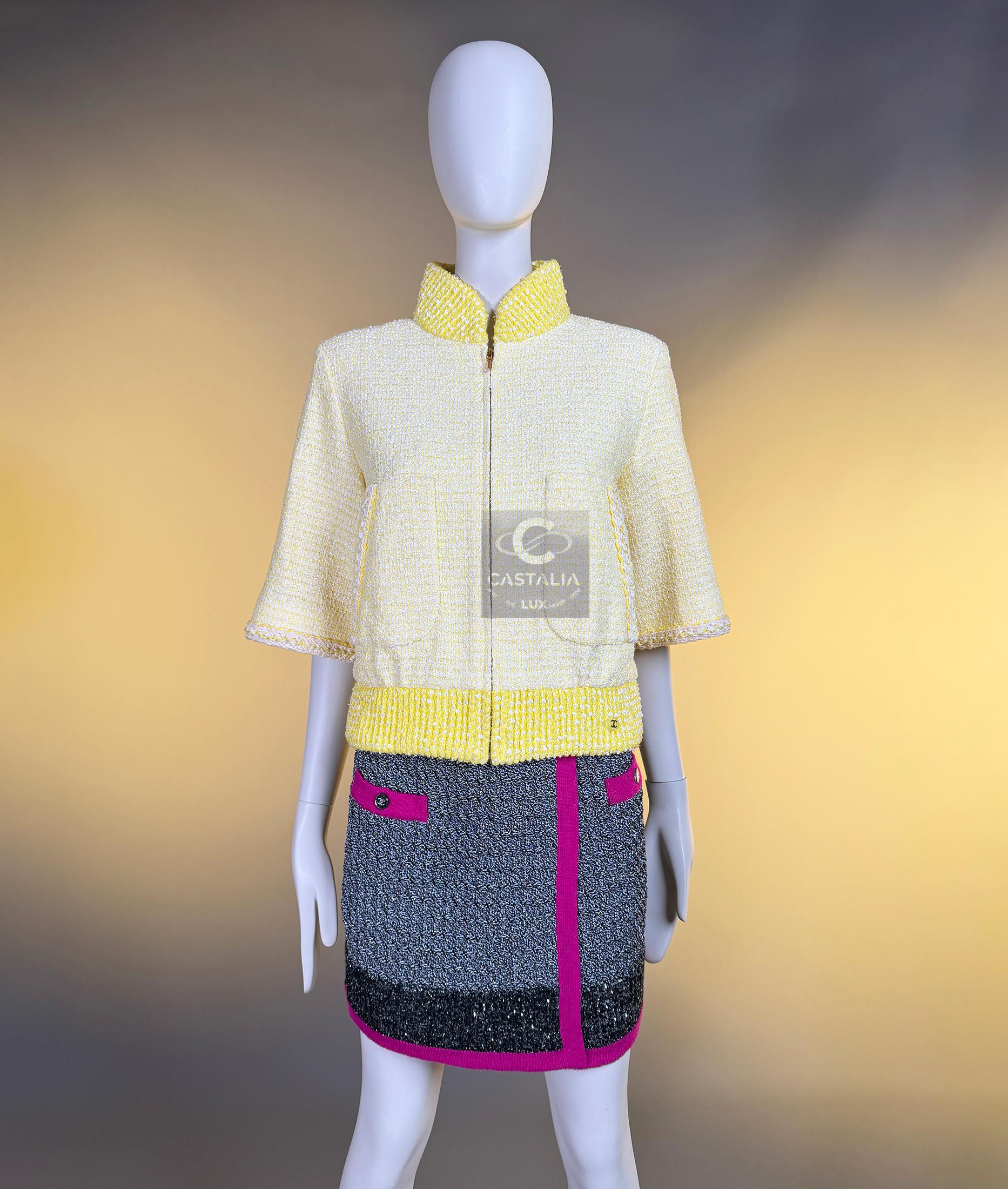 CHANEL Nueva Primavera 2019 Chaqueta bomber de tweed amarillo 36 FR en venta 8