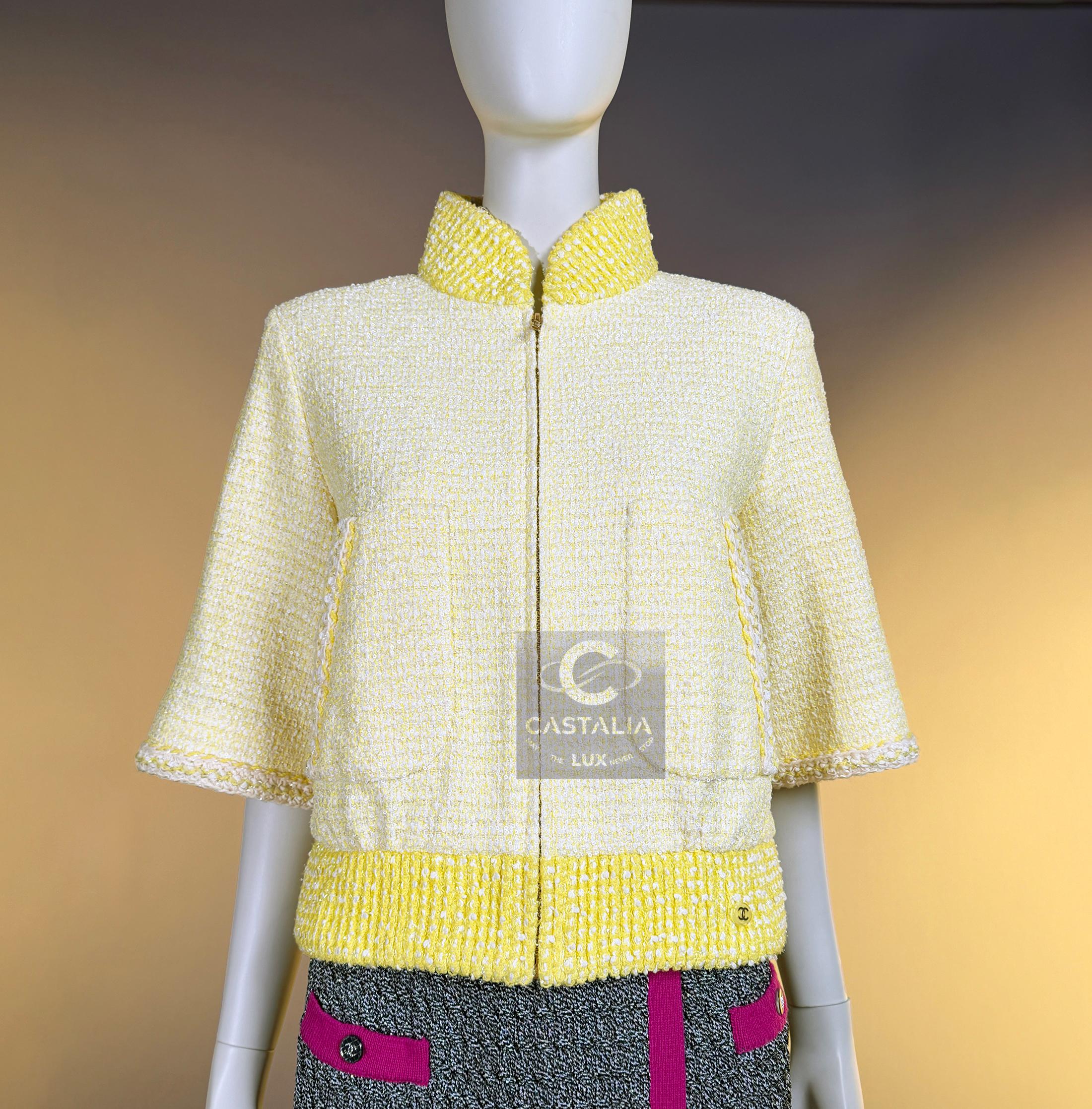 CHANEL Nueva Primavera 2019 Chaqueta bomber de tweed amarillo 36 FR en venta 9