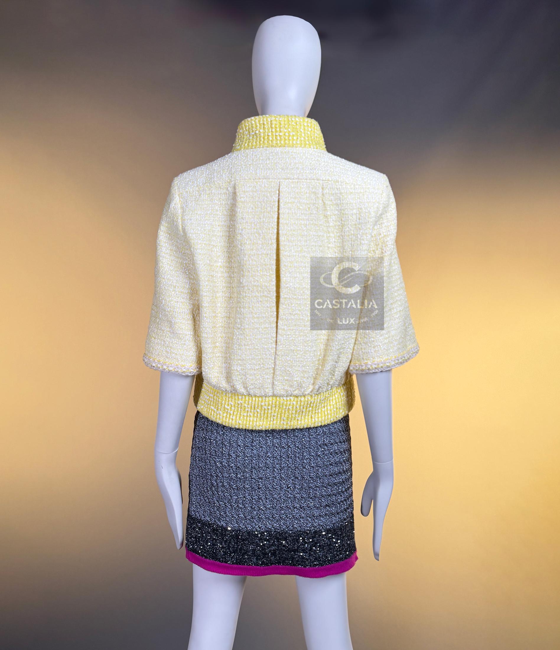 CHANEL Nueva Primavera 2019 Chaqueta bomber de tweed amarillo 36 FR en venta 11