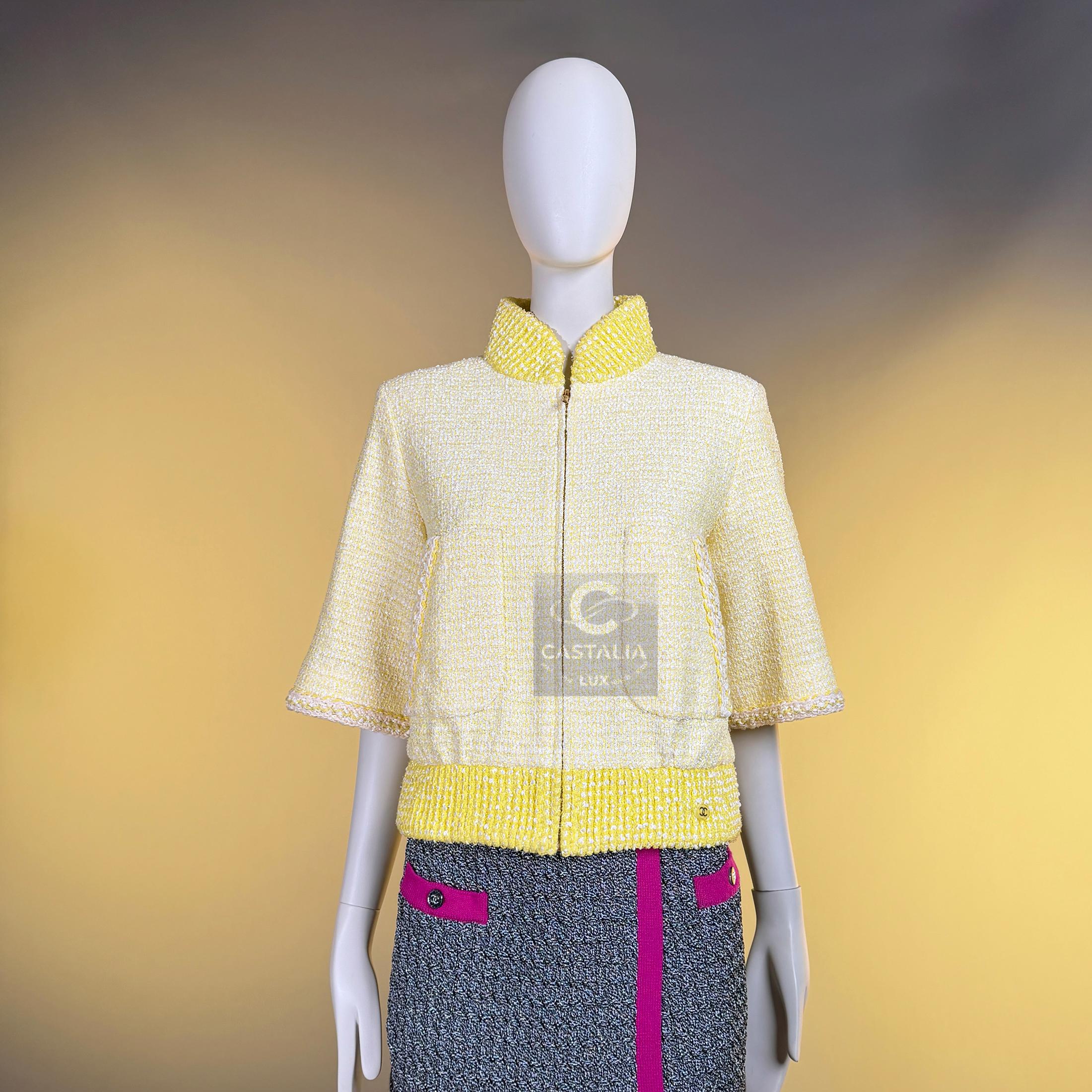 CHANEL Nueva Primavera 2019 Chaqueta bomber de tweed amarillo 36 FR en venta 2