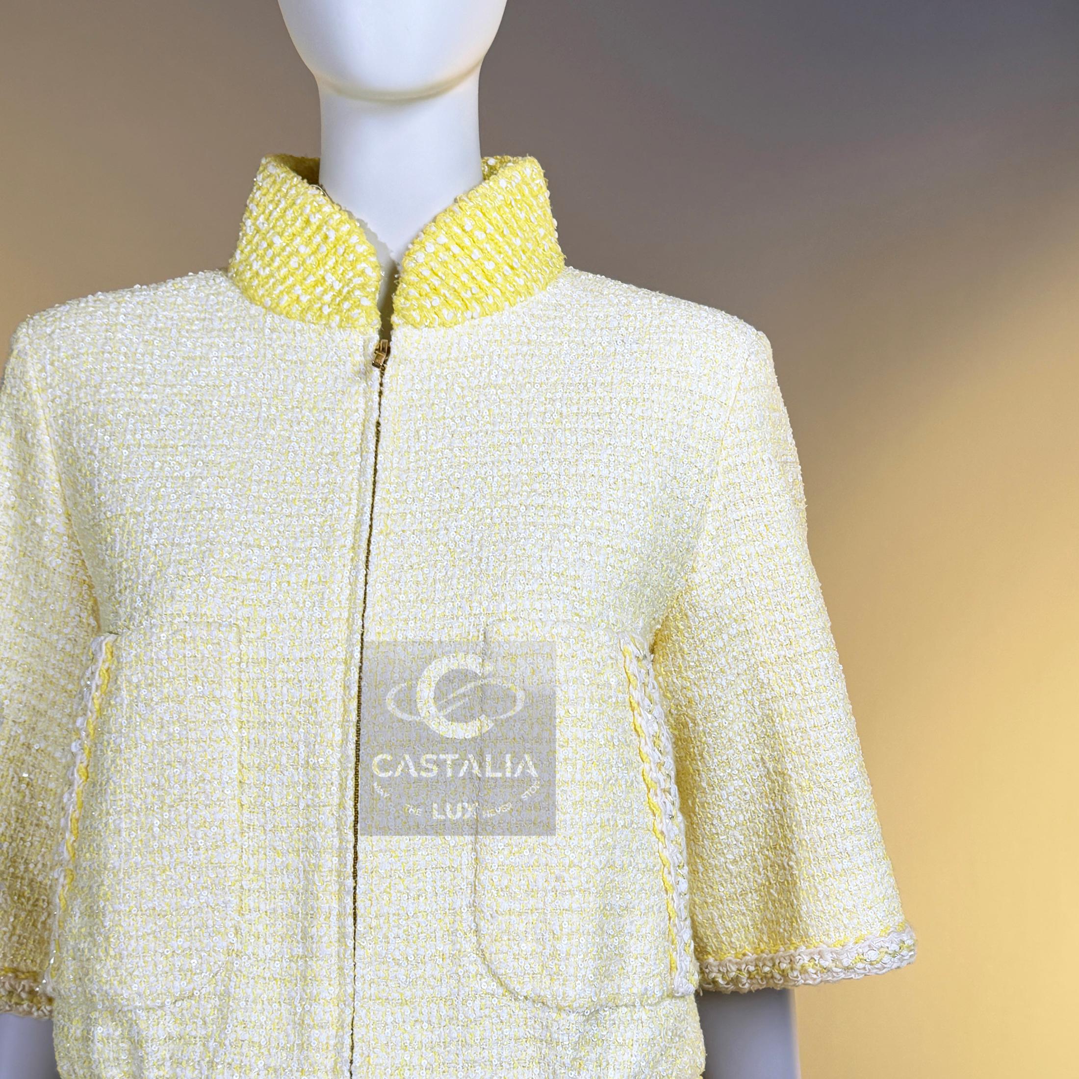 CHANEL Nueva Primavera 2019 Chaqueta bomber de tweed amarillo 36 FR en venta 4