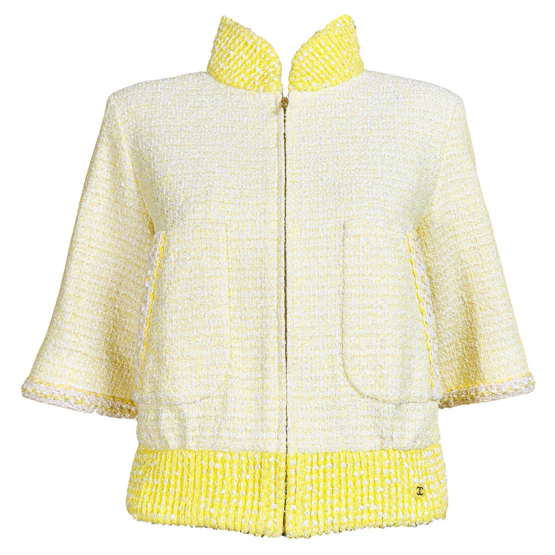 CHANEL New 2019 Spring Yellow Tweed Bomber Jacket 36 FR