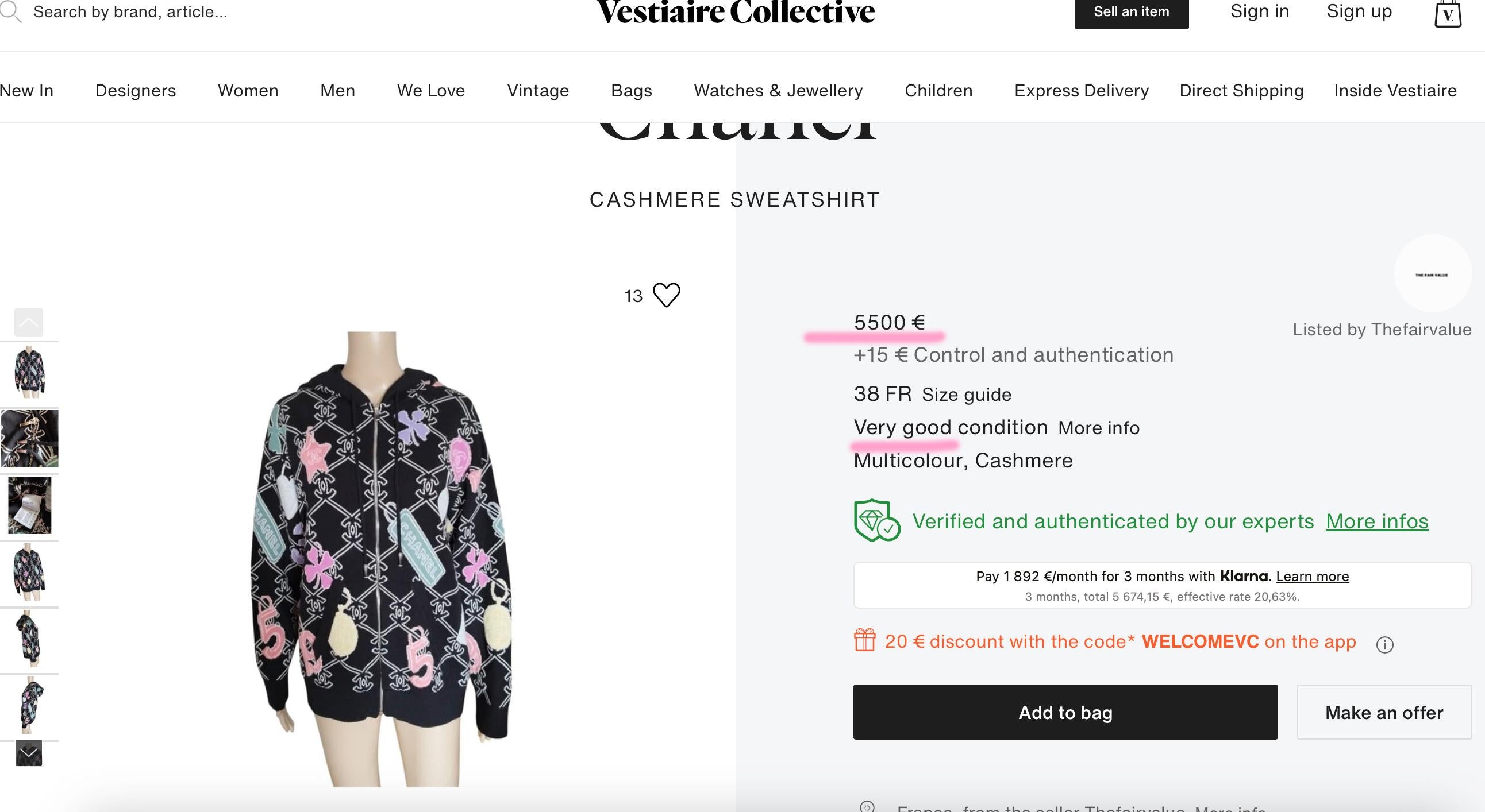 Chanel New 2022 CC Logo Cardigan Sudadera con capucha 34 FR en venta 3