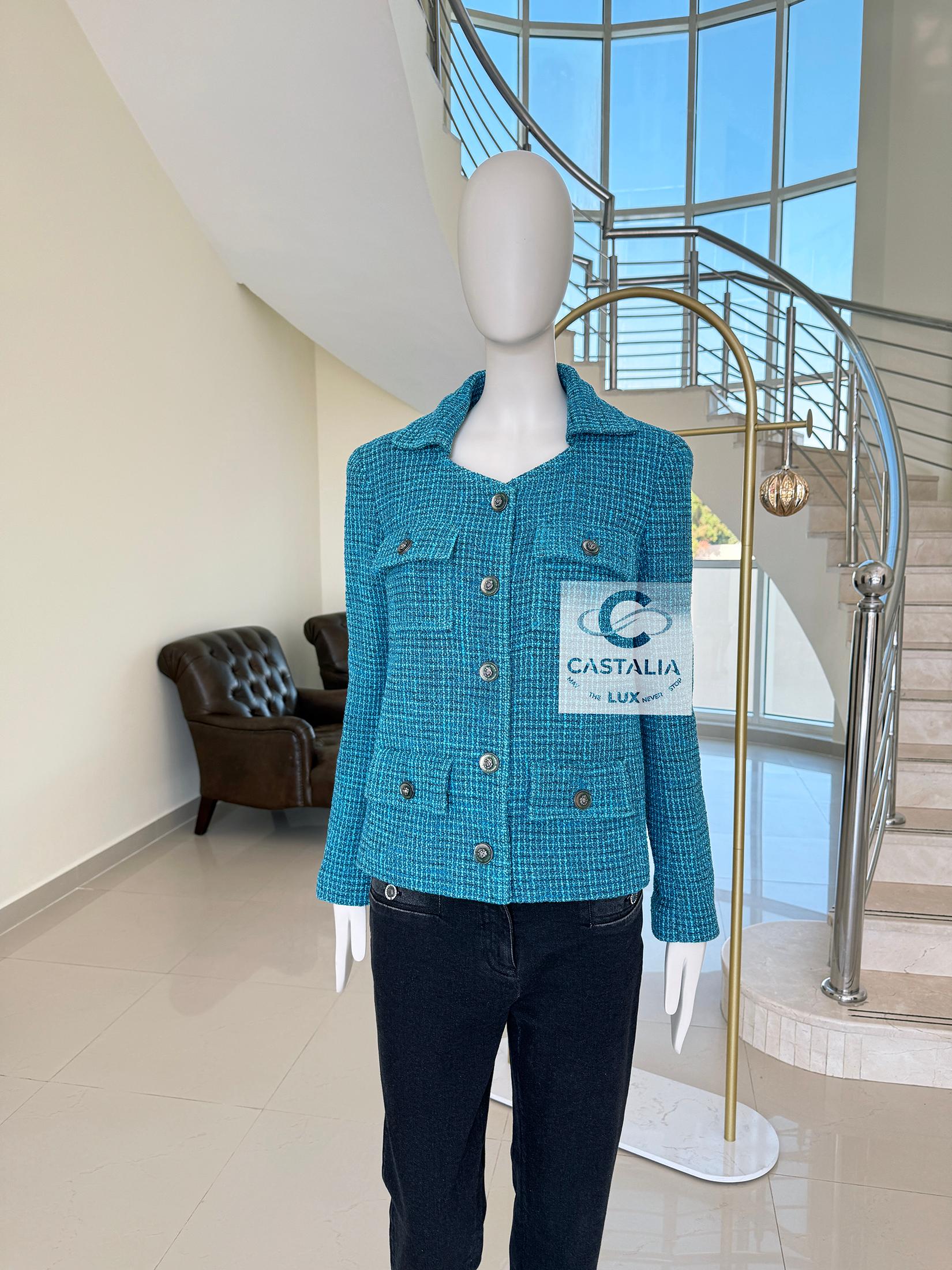 Chanel Nuova Primavera 2022 Giacca in tweed turchese 36 FR in vendita 4