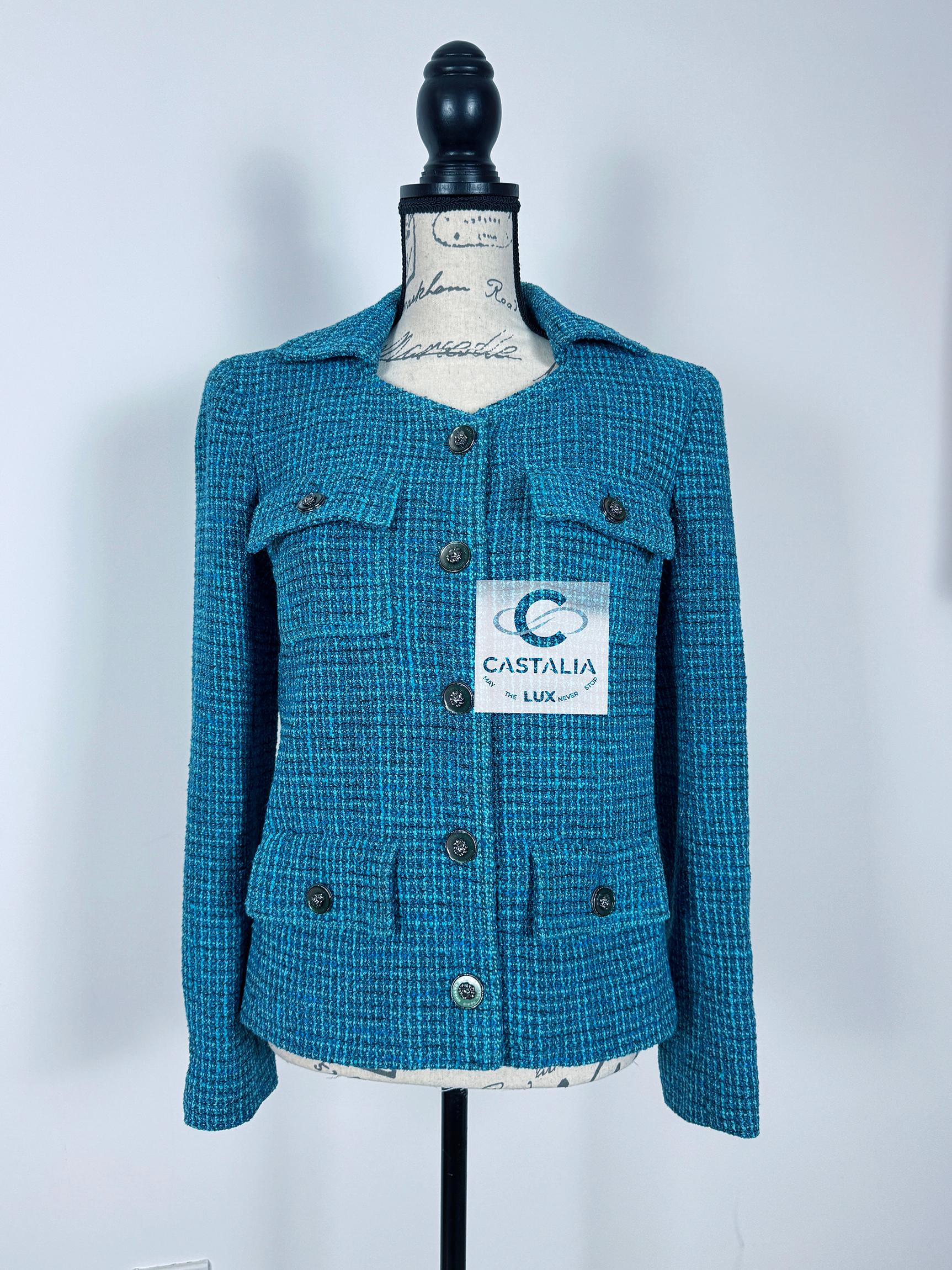 Chanel Neu 2022 Frühjahr Türkis-Tweedjacke aus Tweed 6