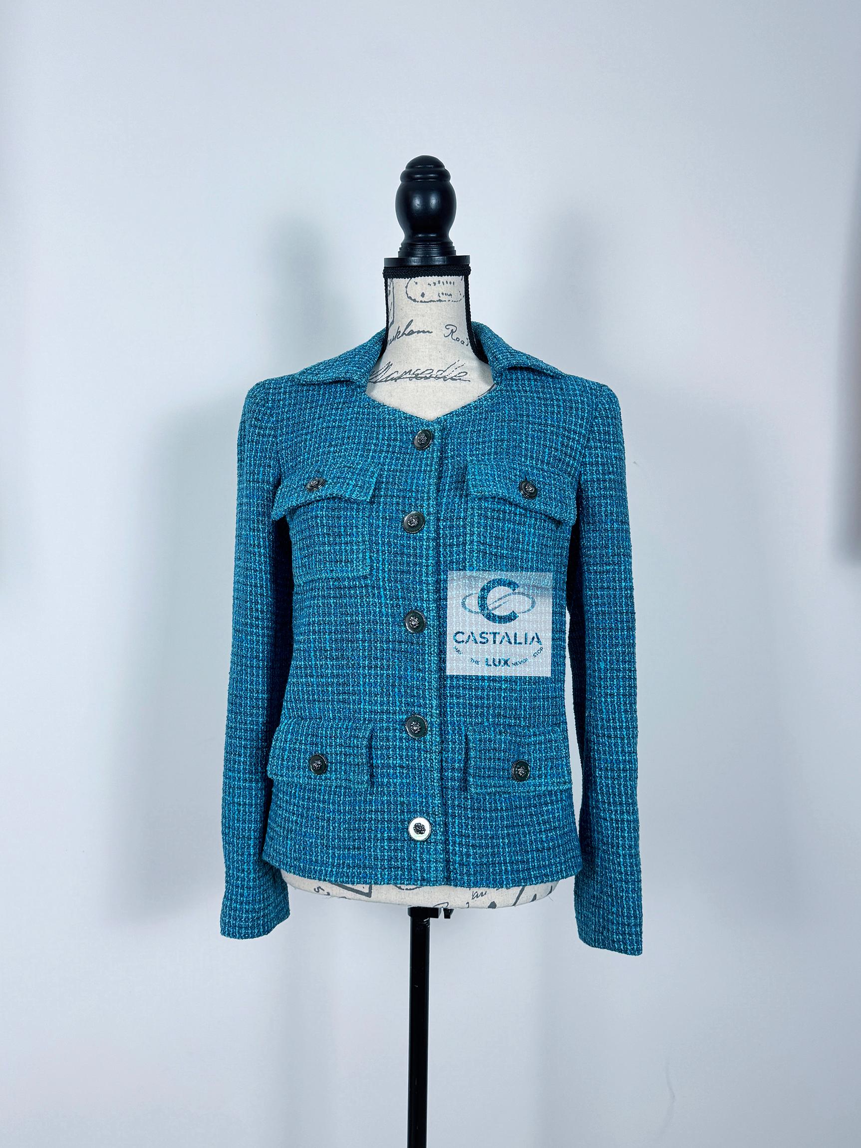 Chanel Neu 2022 Frühjahr Türkis-Tweedjacke aus Tweed für Damen oder Herren